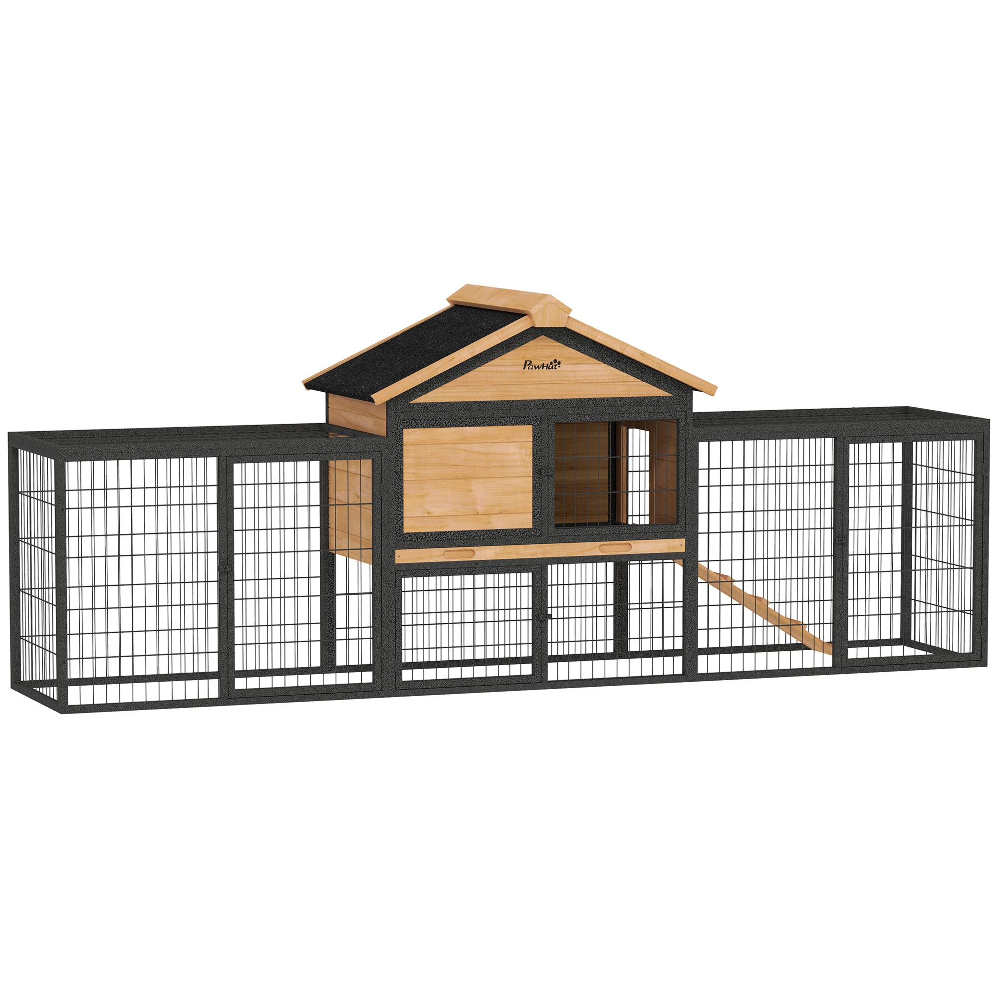 PawHut conigliera a 2 livelli con tetto a capanna in legno massiccio conigliera invernale a doppio piano con recinto per animali liberi 217x53x86 cm gabbia per conigli all'aperto conigliera per