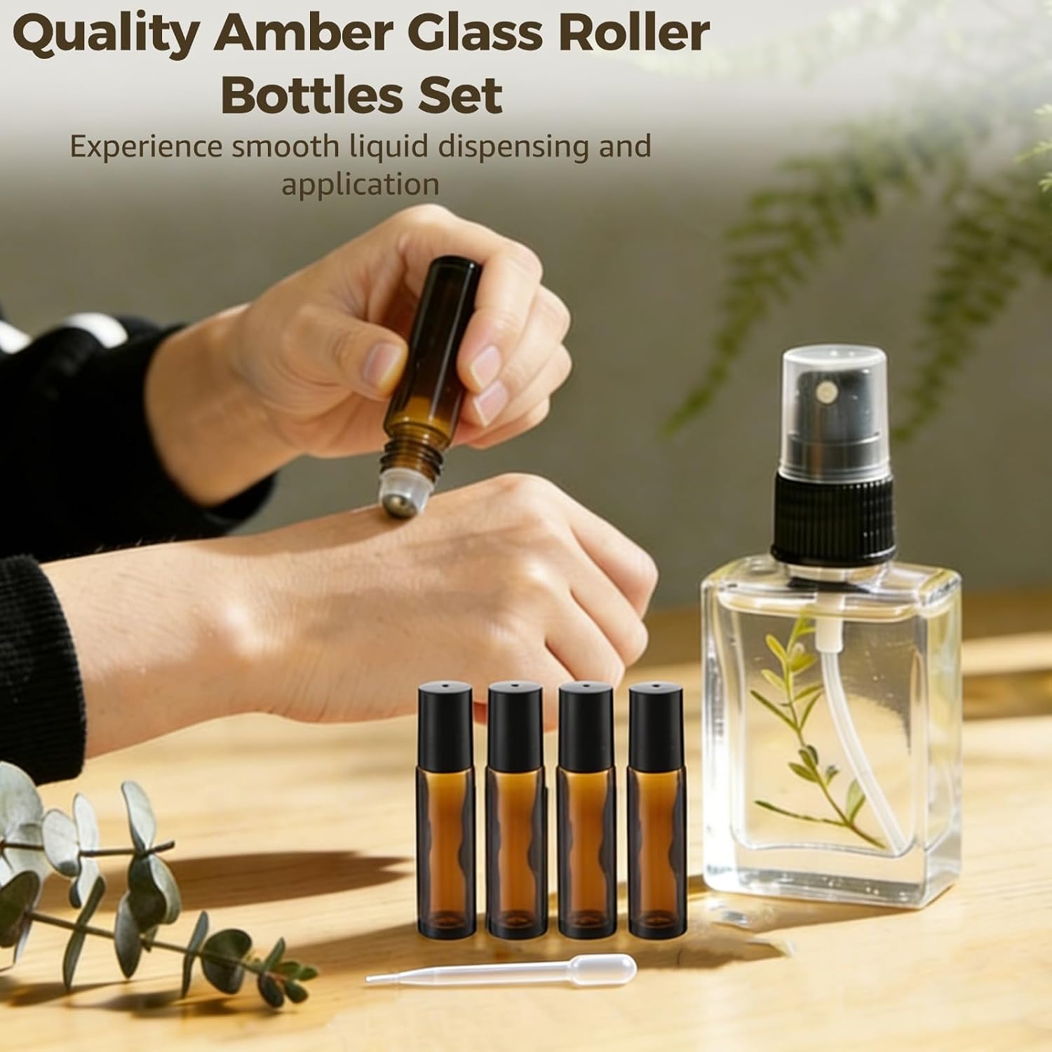 64 Pcs Amber Roller Bottles for Essential Oils - 10ml Refillable Essential Oil Roller Bottles Set with Transfer Pipettes, Glass Stainless Steel Roll On Ball Applicator for Perfume, Essential Oils