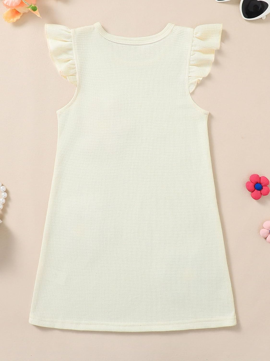 Girls Waffle Knit Dresses Retro Daisy Flutter Sleeve Sundress Summer Beach Shift Dress