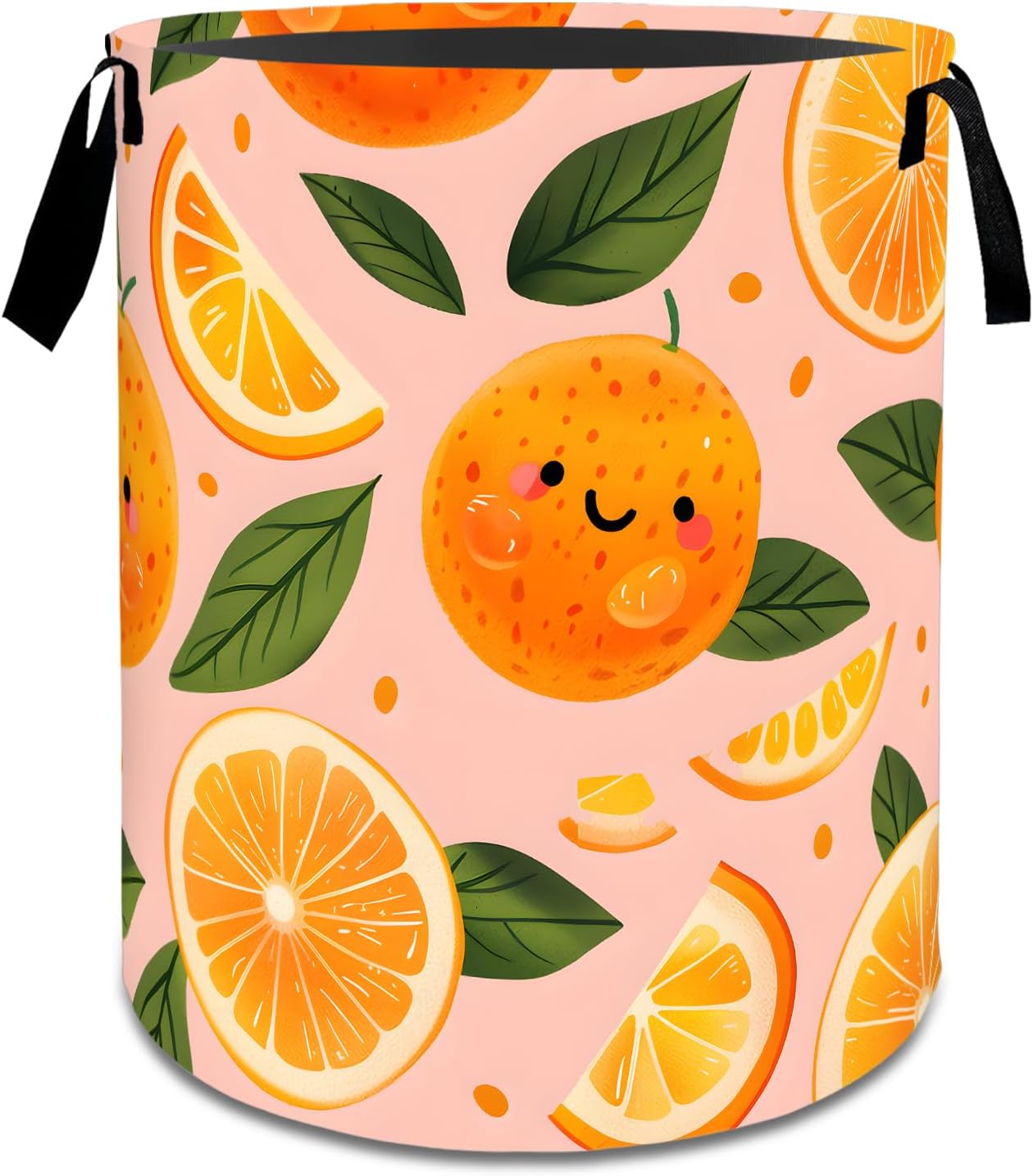 Fresh Orange Laundry Basket,Dirty Clothes Hamper,Cute Smiling Fruit and Leaf Storage Bin,Nature Lovers Gifts,Waterproof Oxford Cloth Baskets for Bathroom,Bedroom,Home Decoration(19.7" x 15.8")