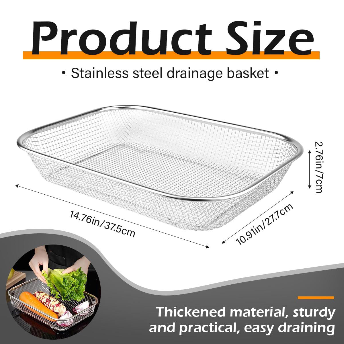 DOERDO Stainless Steel Utensil Holder Vegetable Fruit Colander Fruit Strainer Basket for Kitchen Picnics 14.8x10.9Inch - Image 2