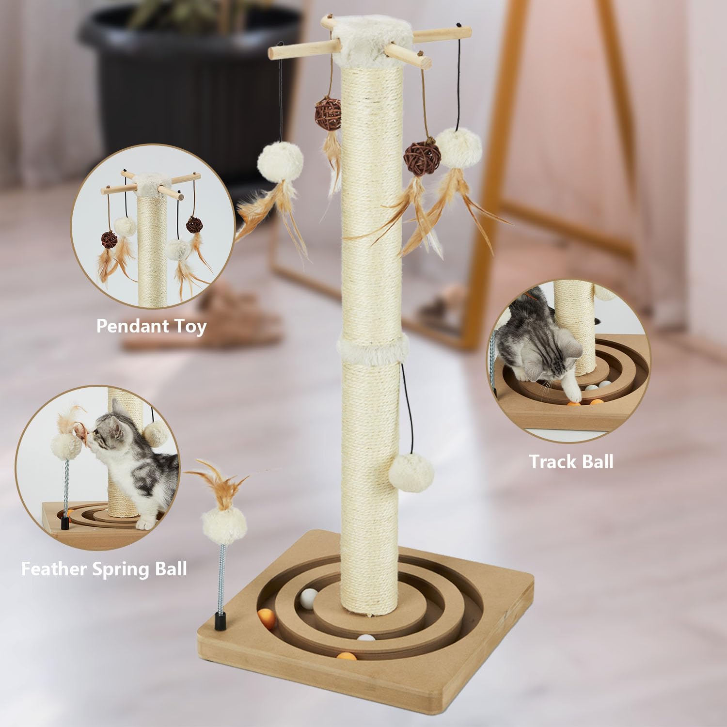 PEEKAB Kratzbaum Sisal Kratzbaum für Indoor Katzen und Kätzchen mit Tracking Ball Interaktives Spielzeug und Hängende Bälle 30 Zoll Beige