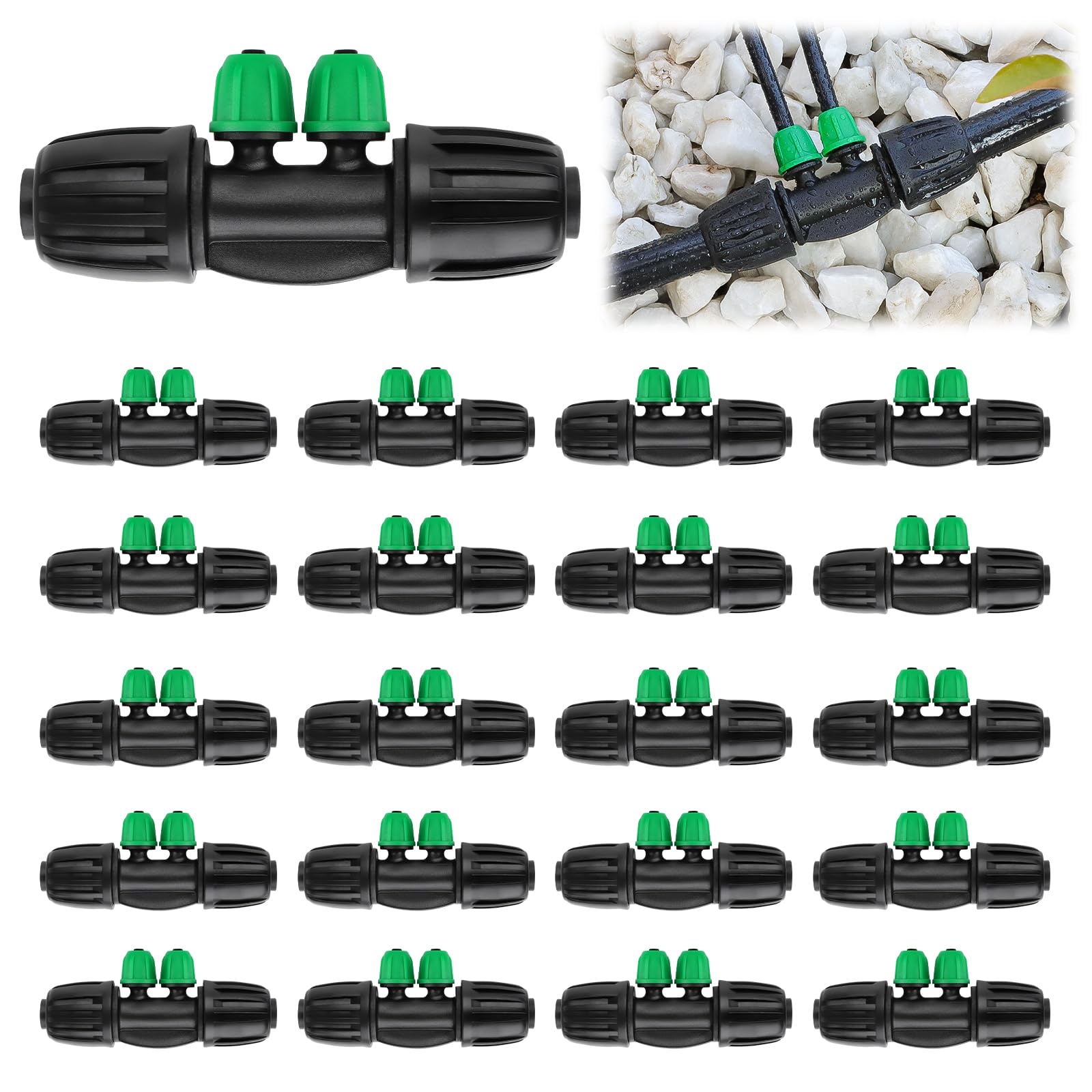 20 Pièces Connecteurs T Barbelé Verrouillés, Kalolary Kit Raccords d'Irrigation Goutte 1/2 à 1/4" Connecteur Femelle Verrouillage 12/16 à 4/7 mm d'Irrigation Verrouillage Barbelé 4 Voies (Noir Vert)