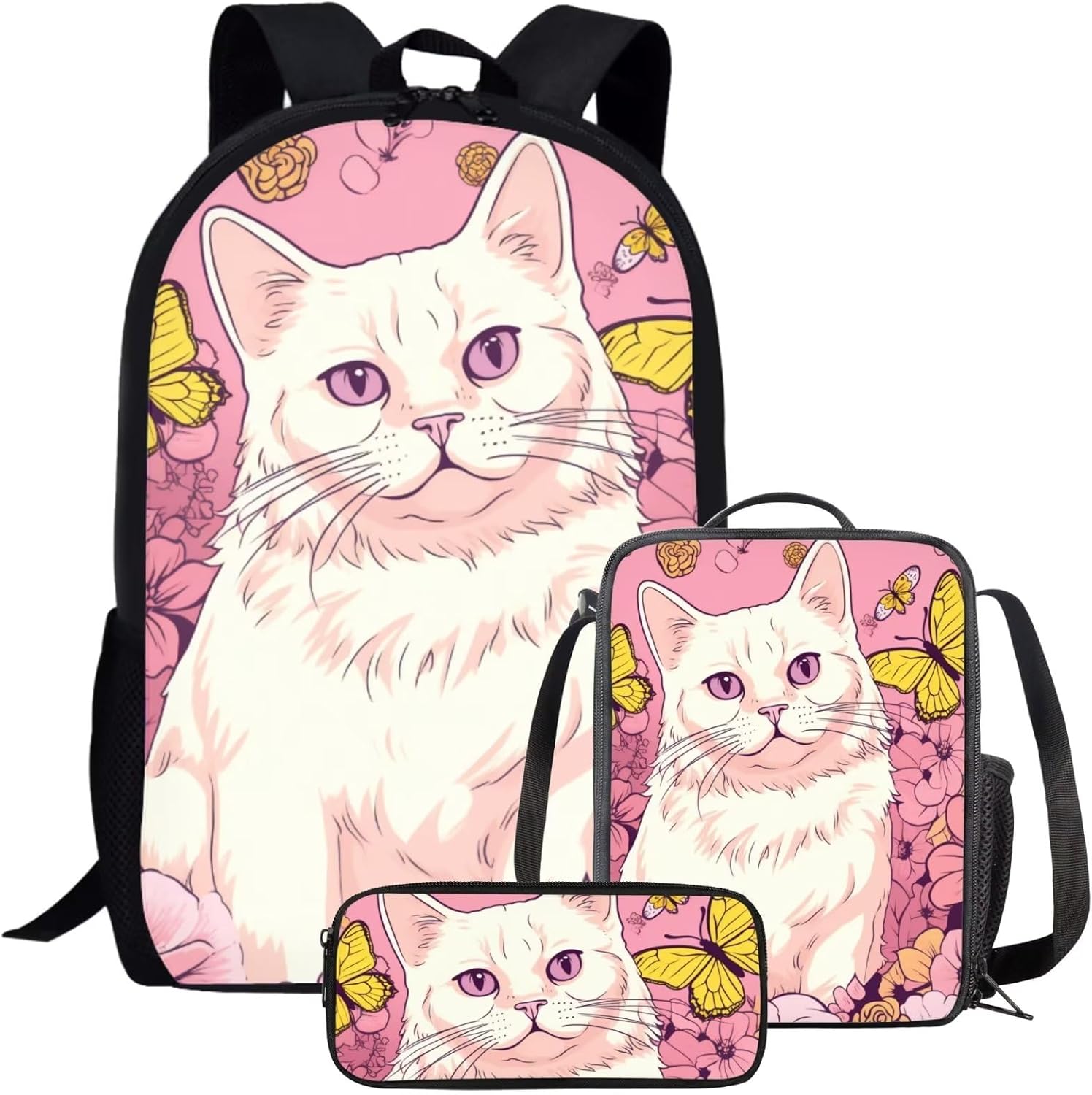 Modysero Novelty Custom Girls Backpack Set for Elementary School Lightweight 17 Inch Kids Book Bag Fish Ocean Black Floral Outdoor Travel School Backpack Large Capacity Lunch Bag Pencil Case