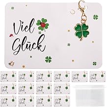 Set of 15 Lucky Charm Keyrings, Good Luck Gifts Exam, Gift, Four-Leaf Clover Lucky Gift, Including Lucky Charm/Mushroom Key Carabiner, Good Luck Cards, Mesh Bag