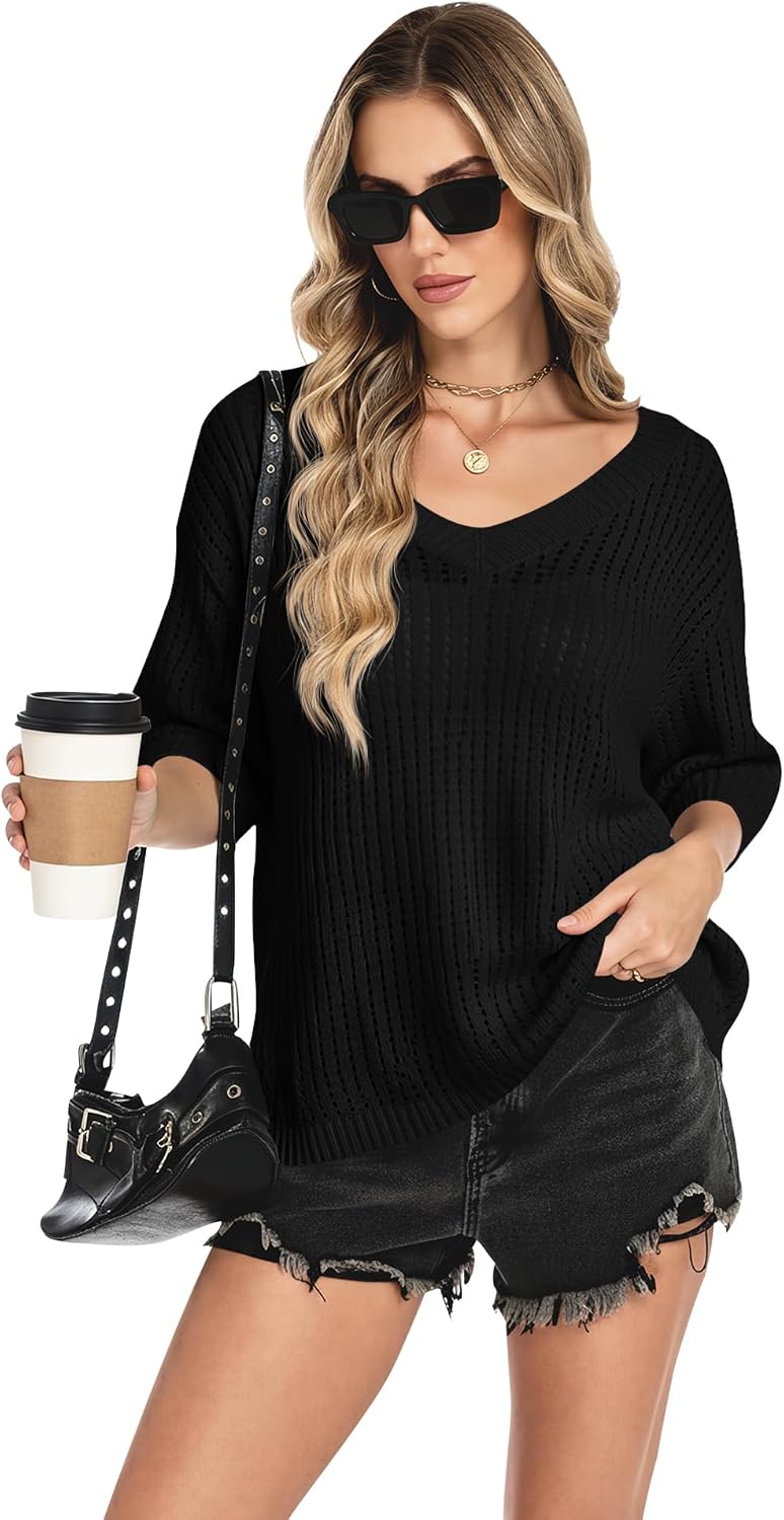 Rapbin Women's Crochet V Neck Beach Cover Up 3/4 Sleeve Hollow Out Knitted Pullover Sweater