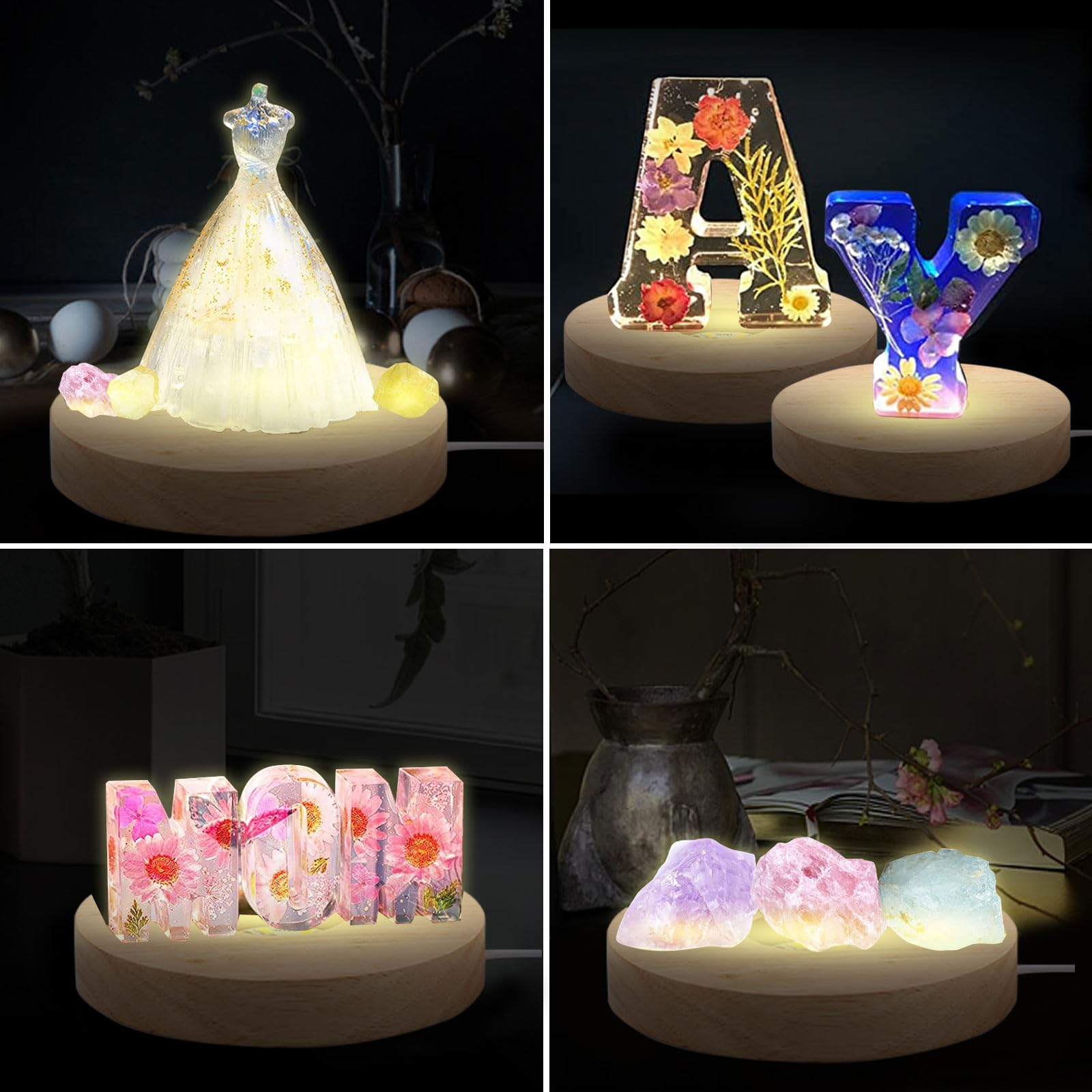 Amazon.co.jp: 4個入り LEDライトディスプレイベース 木製 クリスタル