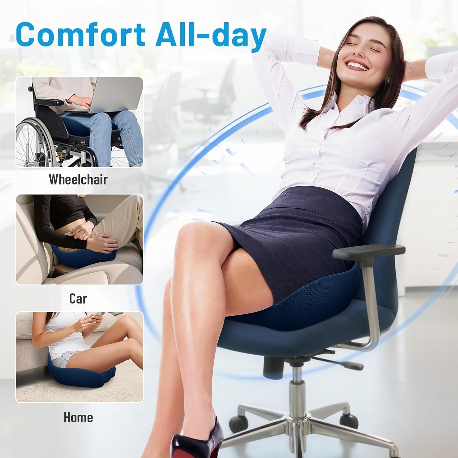 Seat Cushion, Memory Foam Office Chair Cushions, Ergonomic Curved Design for Sciatica, Tailbone, Coccyx, Seat Support for Car, Desk Chair, Wheelchair, Enhances Long Sitting Comfort (Blue) - Image 5