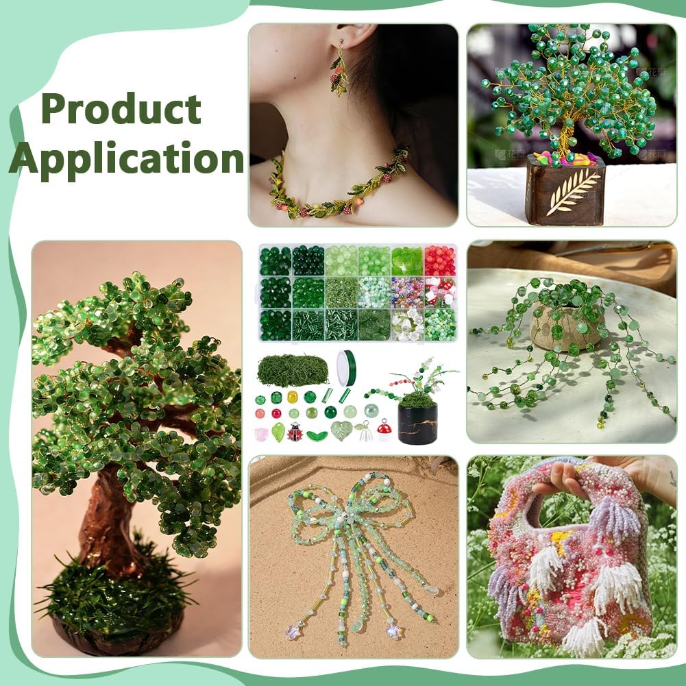 PH PandaHall 2630pcs Beaded Plant Kit, Green Glass Beads for Beaded Plants Making 18 Styles Assorted Crystal Bead Leaf Charms with Wire for DIY Plants Making Crafting and Jewelry Making