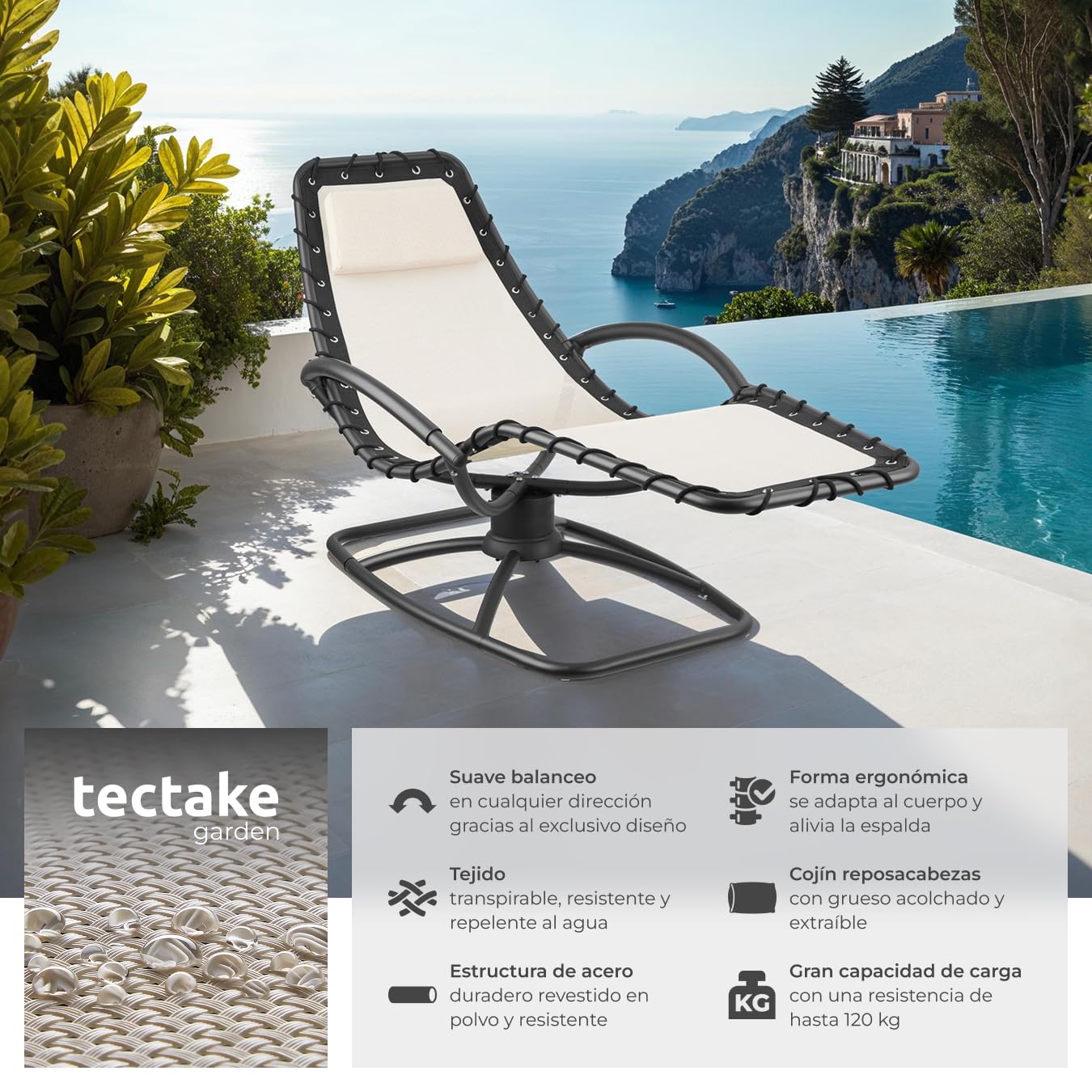 tectake® Tumbona Jardin Exterior, Mecedora Jardin Ergonómica con Balanceo, Capacidad de Carga: 120 kg, Impermeable, Textileno Transpirable, Sillas Tumbonas Terraza - Beige