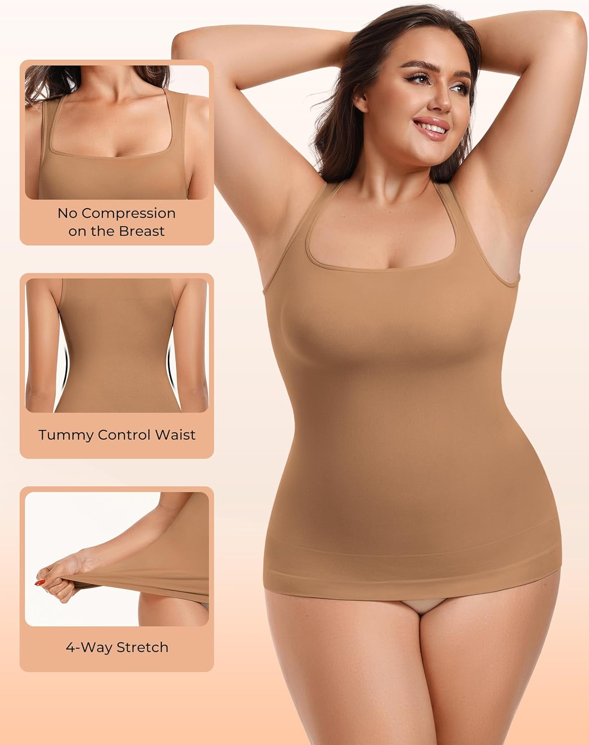 EUYZOU Shapewear Tummy Control Compression Tank Tops for Women Seamless Square Neck Body Shaper Wide Strap Camisole