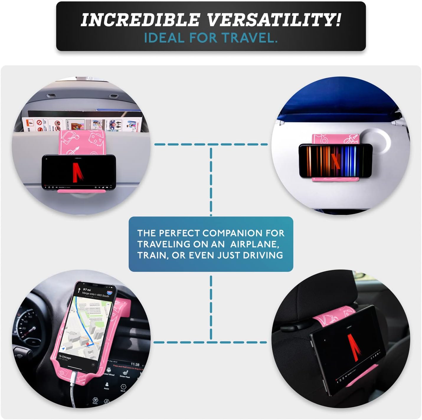 Airplane Travel Essentials for Flying Flex Flap Cell Phone Holder & Flexible Tablet Stand for Desk, Bed, Treadmill, Home & in-Flight Airplane Travel Accessories - Travel Must Haves Gadgets (Pro Pink) thumbnail