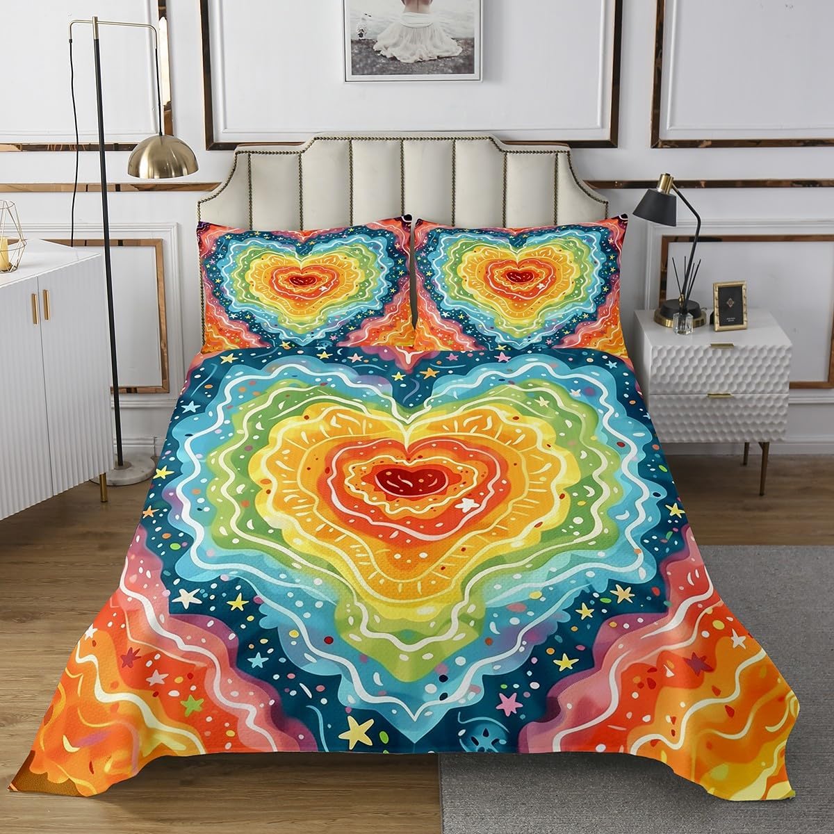 Rainbow Bedspread Twin Size,Stars and Love Pattern Bedding Set 2Pcs for Kids Girls Boys Woman Room Decor,Dreamy Starry Sky Galaxy Comforter Set Kawaii Watercolor Coverlet Quilt,1 Pillowcase