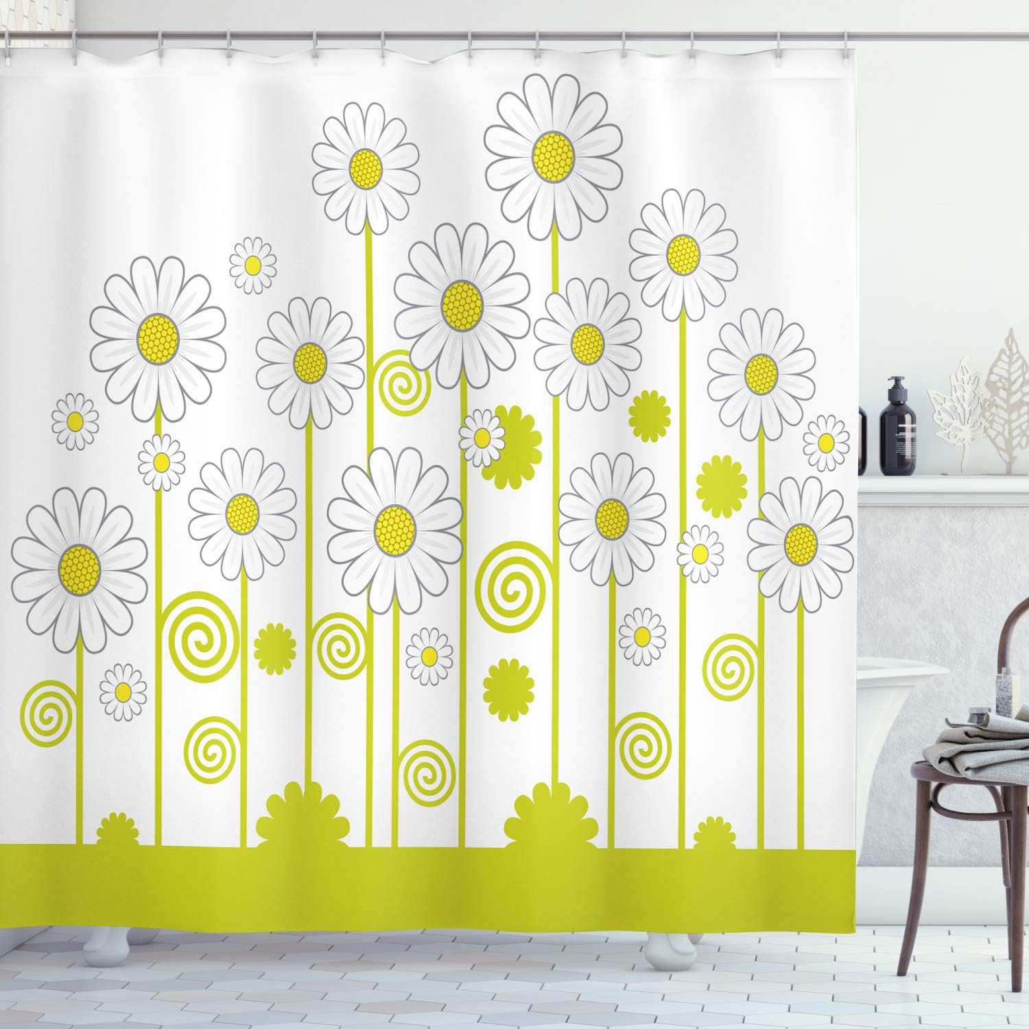 Ambesonne Floral Shower Curtain, Daisy Flowers in a Sunny Day with Leaves Garden Cartoon Swirl Details Image, Cloth Fabric Bathroom Decor Set with Hooks, 69" W x 70" L, Yellow and White