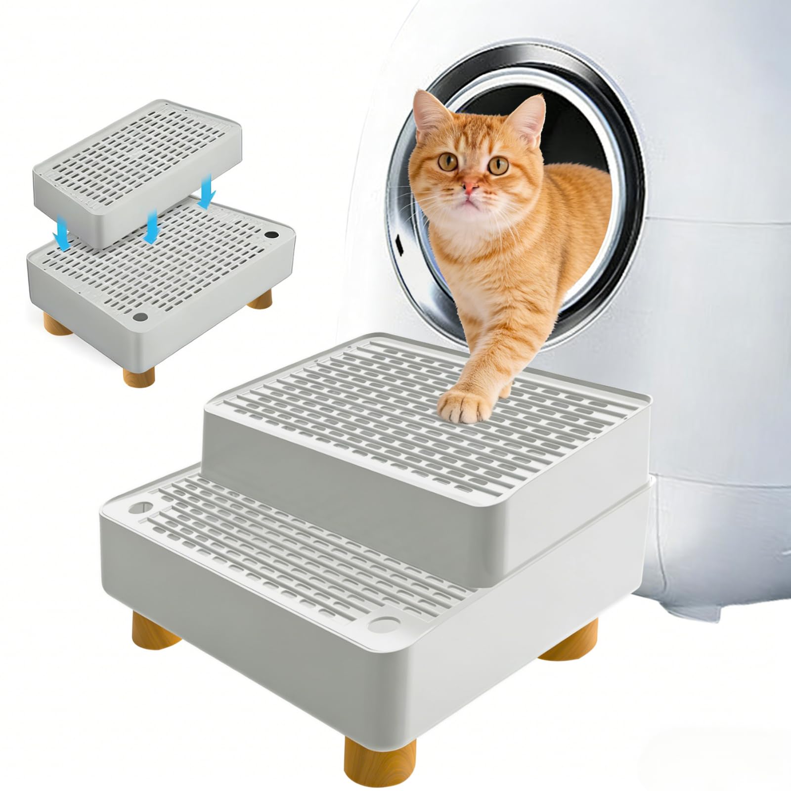 Rampe pour Litière pour Chat Double Couche: Rampe pour Bac à Litière avec Fonction Filtre, Marchepied pour Chat Antidérapant, Adaptée aux Chatons, Chats Âgés et Bac Automatique