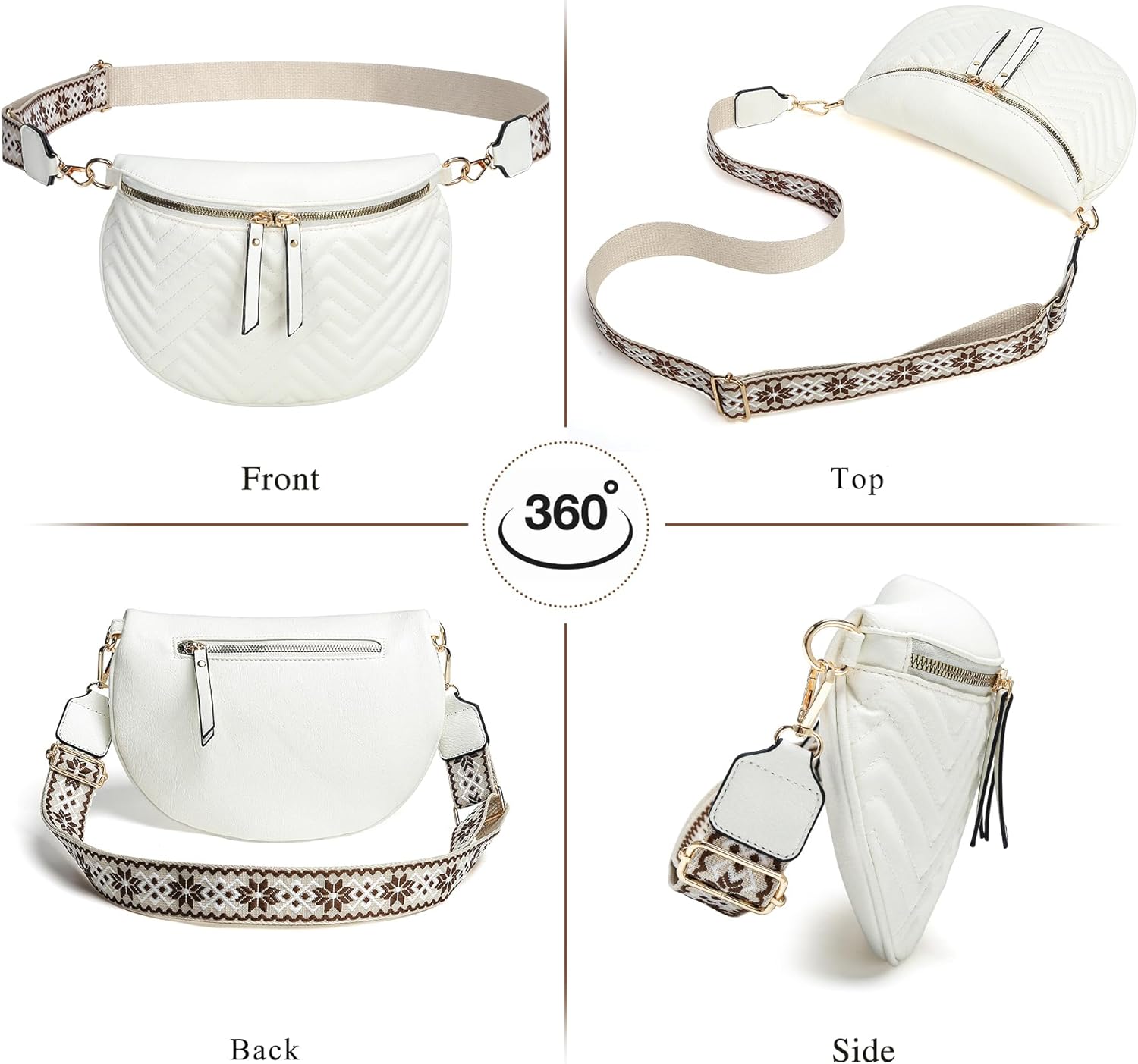 Women's Vegan Leather Crossbody Waist Pack, Fanny Pack Sling Bag with Adjustable Belt, Boho Style Shoulder Purse for Travel, Daily Use (White) - Image 4