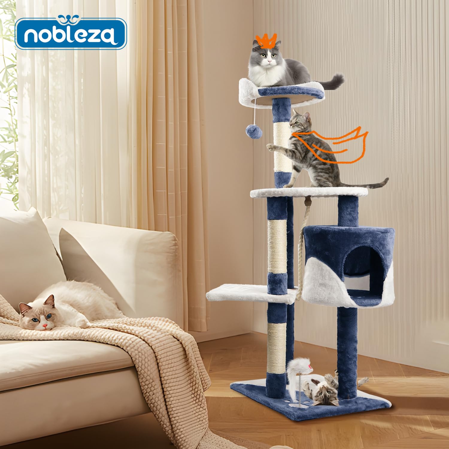 Nobleza Rascador para Gatos, Altura 118.5 cm, Árbol Estable para Gatos, 4 Plataformas, 1 Cueva, 1 Pompón, 1 Peluche, Azul