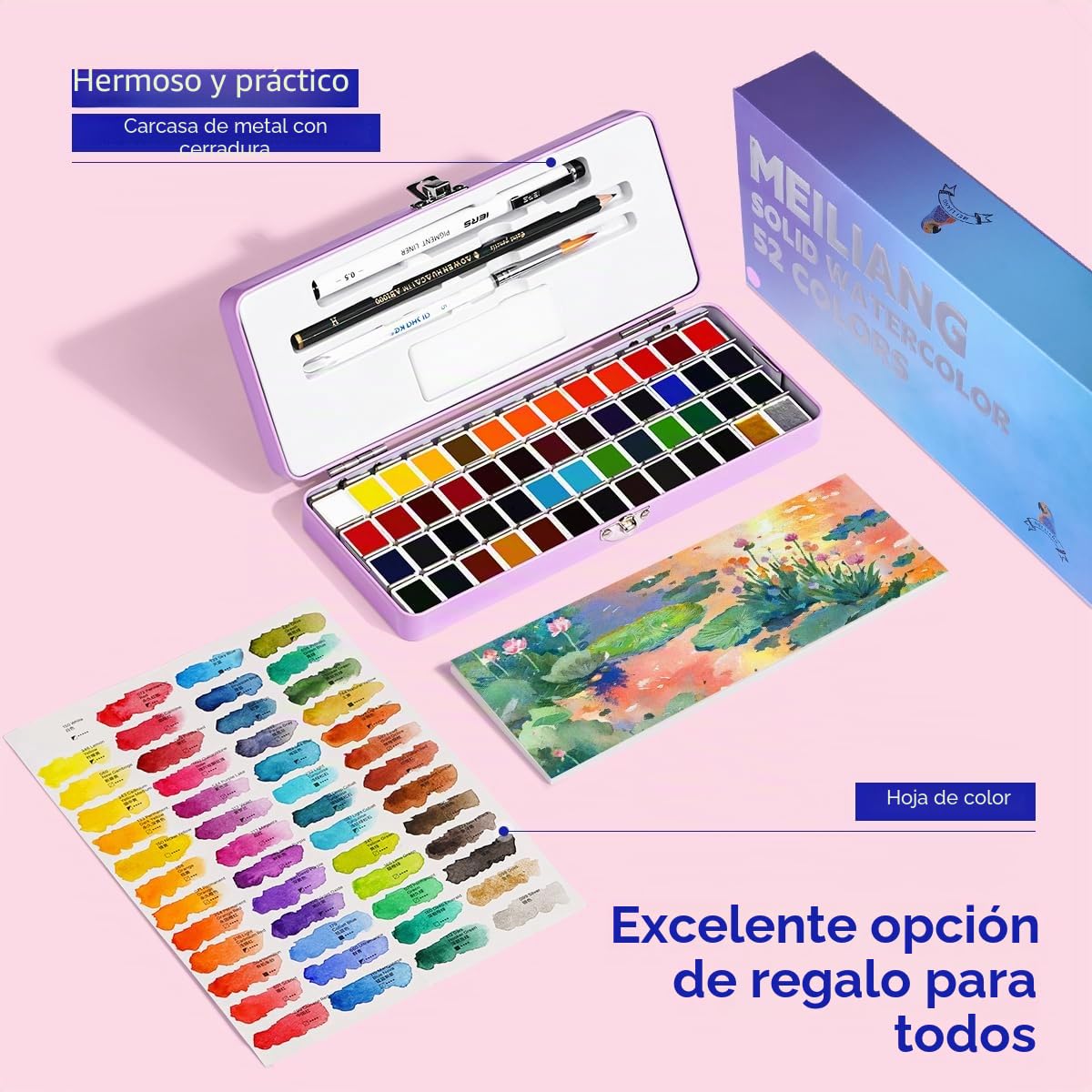 MeiLiang - Juego de acuarela de viaje, pintura de acuarela de 52 colores con 1 lápiz de dibujo, 1 pincel, 5 papeles de acuarela, 1 esponja y 1 bolígrafo de dibujo negro, juego de pintura de colores de