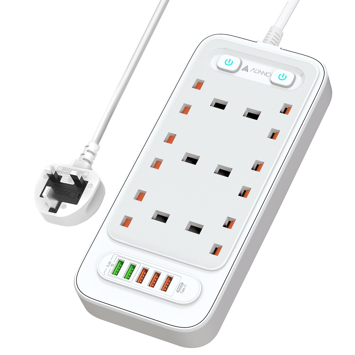 AUNNO Extension Lead with USB Slots, 6 Way Sockets Outlets with 5 USB-A Ports and 1 USB-C Ports, 1.8M Extension Cable with Switch Surge Protected Power Strips, UK Multi Plug Adapter Electrical Cords