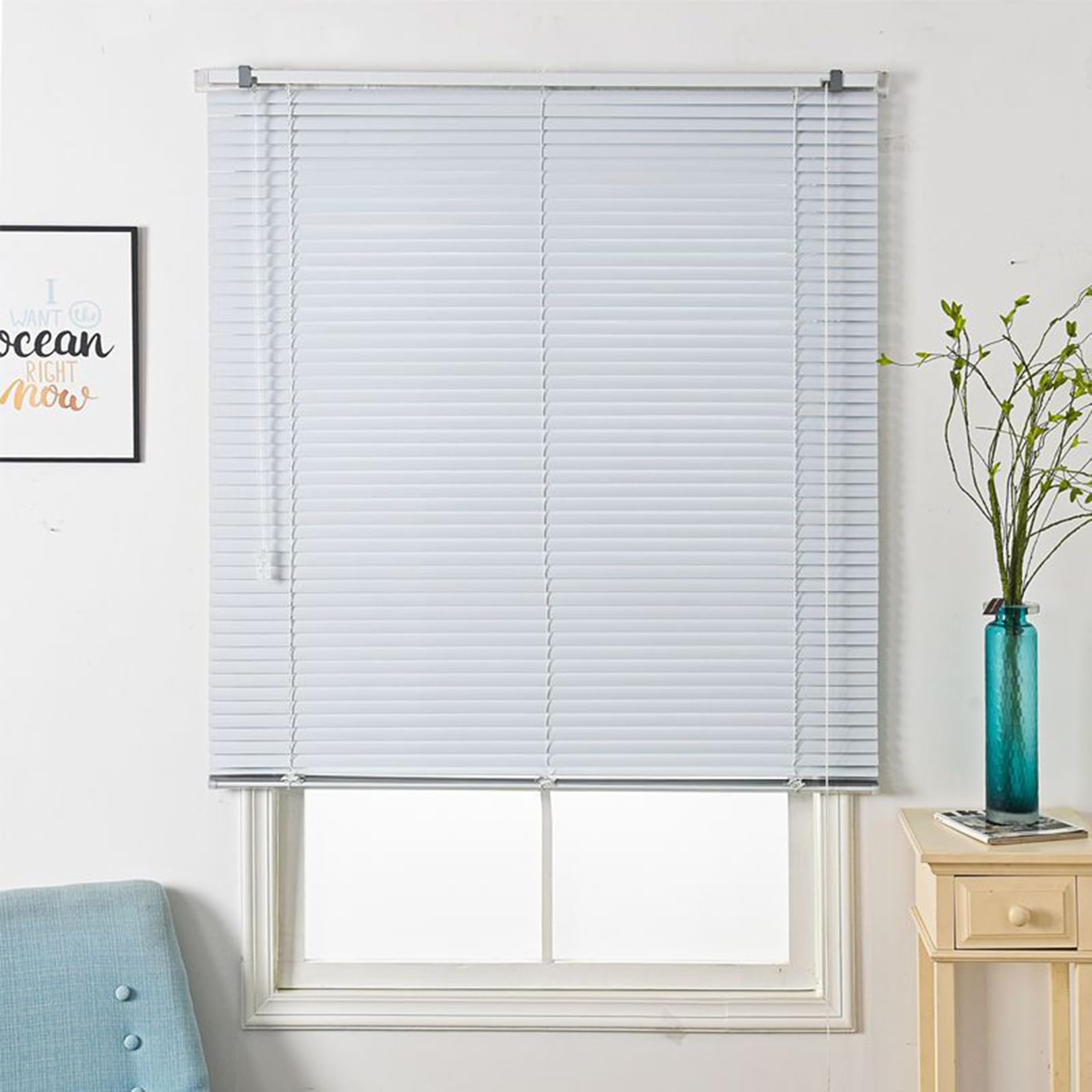 White Venetian Blinds Slat Aluminium Metal Home Office Blind Thin Slats Kitchen Blinds Blackout Shutters Child Safe Home, Customisable (55×110cm)