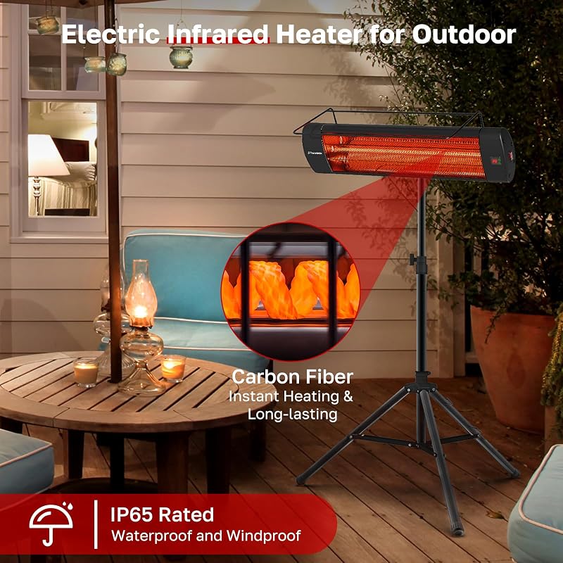 ThermoMate Infared Patio Heater for Outdoor with Tripod, Electric 1500W IP65 Waterproof with Remote, 3 Heating Levels & 24H Timer for Restaurant Backyard, Plug-in 120V Black image 2