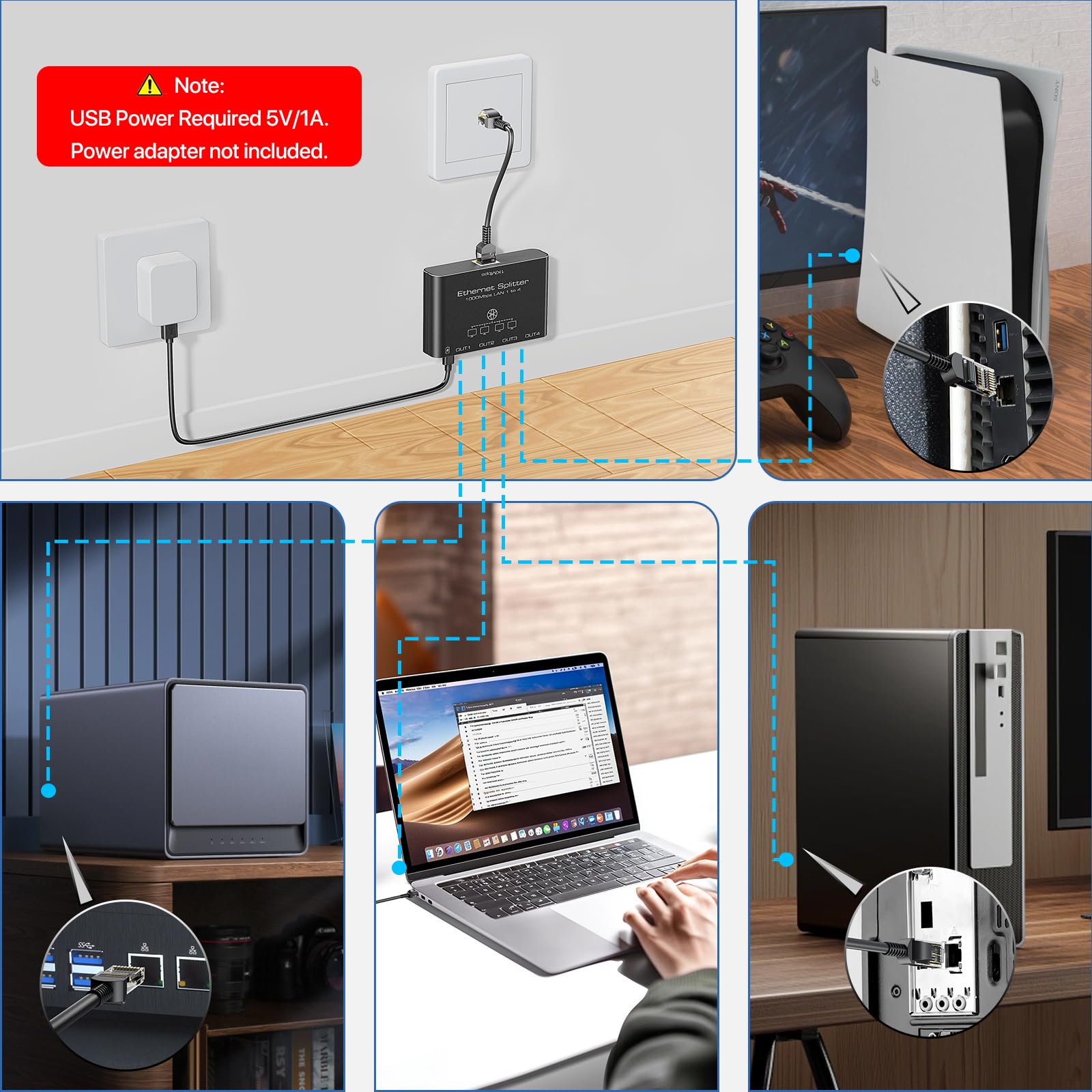 KiWiBiRD Rozdzielacz ethernet 1 do 4 porty, lan splitter adapter 1000 Mbps RJ45 sieciowy Network Internet Gigabit do Cat 8 7 6 5e 5 kompatybilny z Router Gaming PC Computer Laptop PS5 PS4 Xbox TV Box