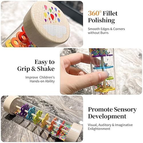 Miniatura 5 de WODI - Palo de lluvia de madera, juguetes Montessori para bebés de 6 a 12 meses, juguete sensorial de desarrollo sensorial, gotas de lluvia,