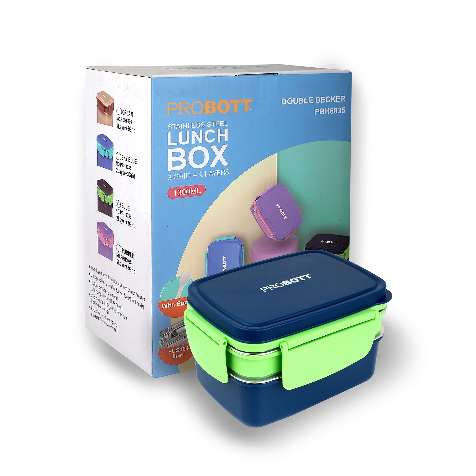 See full amazon price history chart for PROBOTT Double Decker 1300ml Stainless Steel Lunch Box, 2 Layers with 3 Grid, 1 Spoon Tiffin Box, Lid Made with Heavy Quality PP Material Perfect for School, Office Use | Blue PROBOTT Double Decker 1300ml Stainless Steel Lunch Box, 2 Layers with 3 Grid, 1 Spoon Tiffin Box, Lid Made with Heavy Quality PP Material Perfect for School, Office Use | Blue (B0D39WH942) Amazon Price History, Amazon Price Tracker