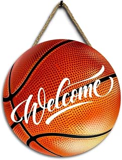 Decoration BasketBall Weclome Wooden Door Sign(12''x12''),Modern Basketball Sports Round Wooden Hanging Sign Plaque Door Hanger Wall Decor Indoor Outdoor,gym。