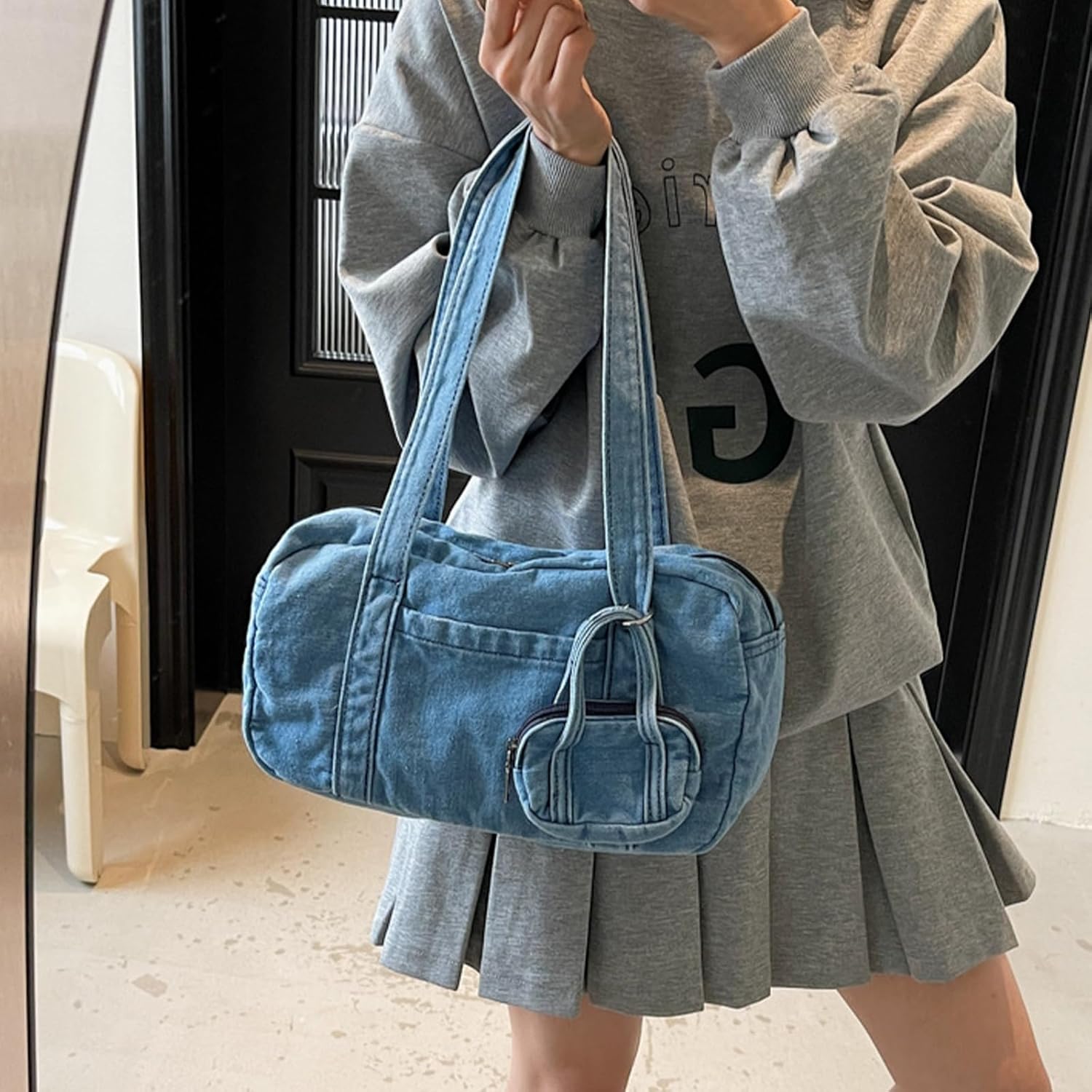 Denim Tote Bag for Women, Multi Pocket Shoulder Bag with Headphone Pouch, Handbag for Work, Travel, Shopping - Image 2