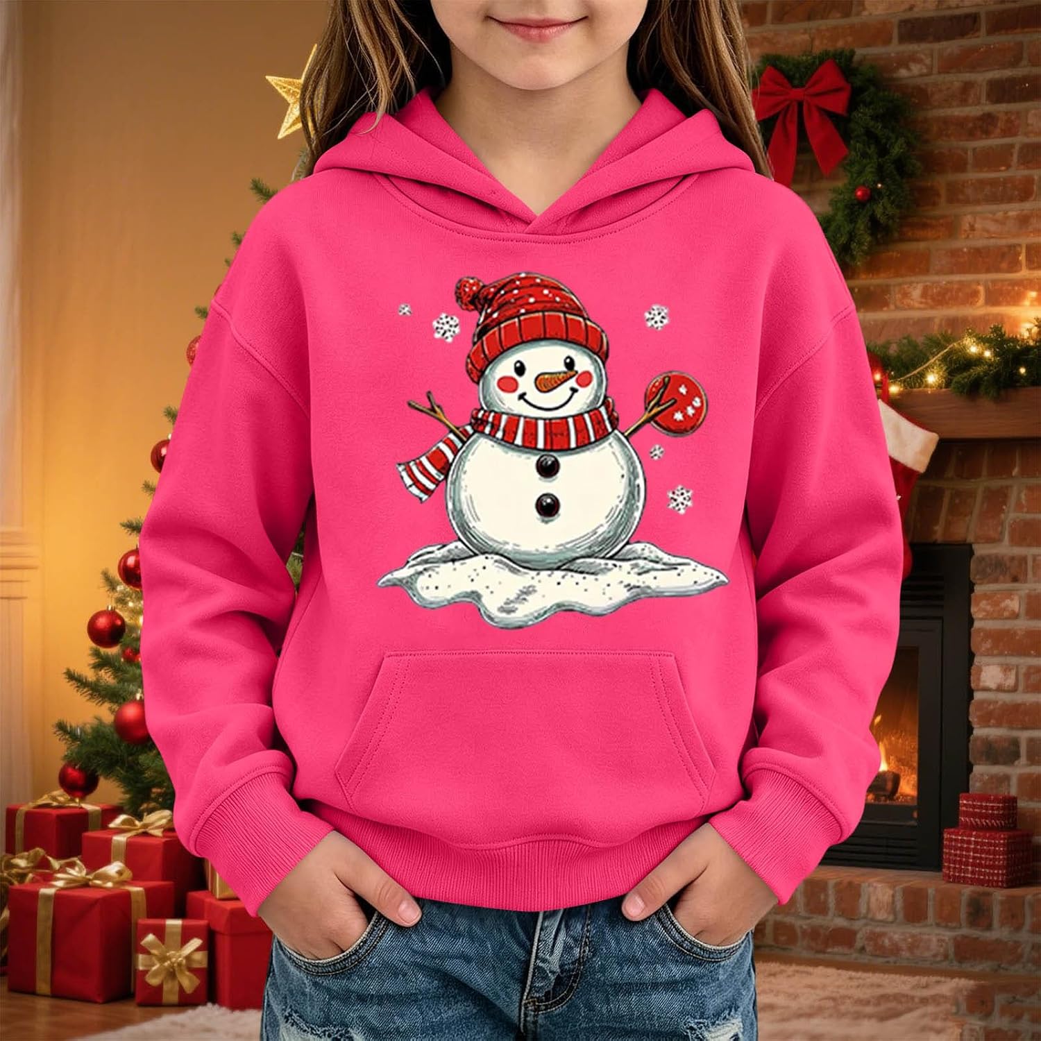 Kids Christmas Snowman Hoodie Graphic Pullover Winter Holiday Sweatshirt