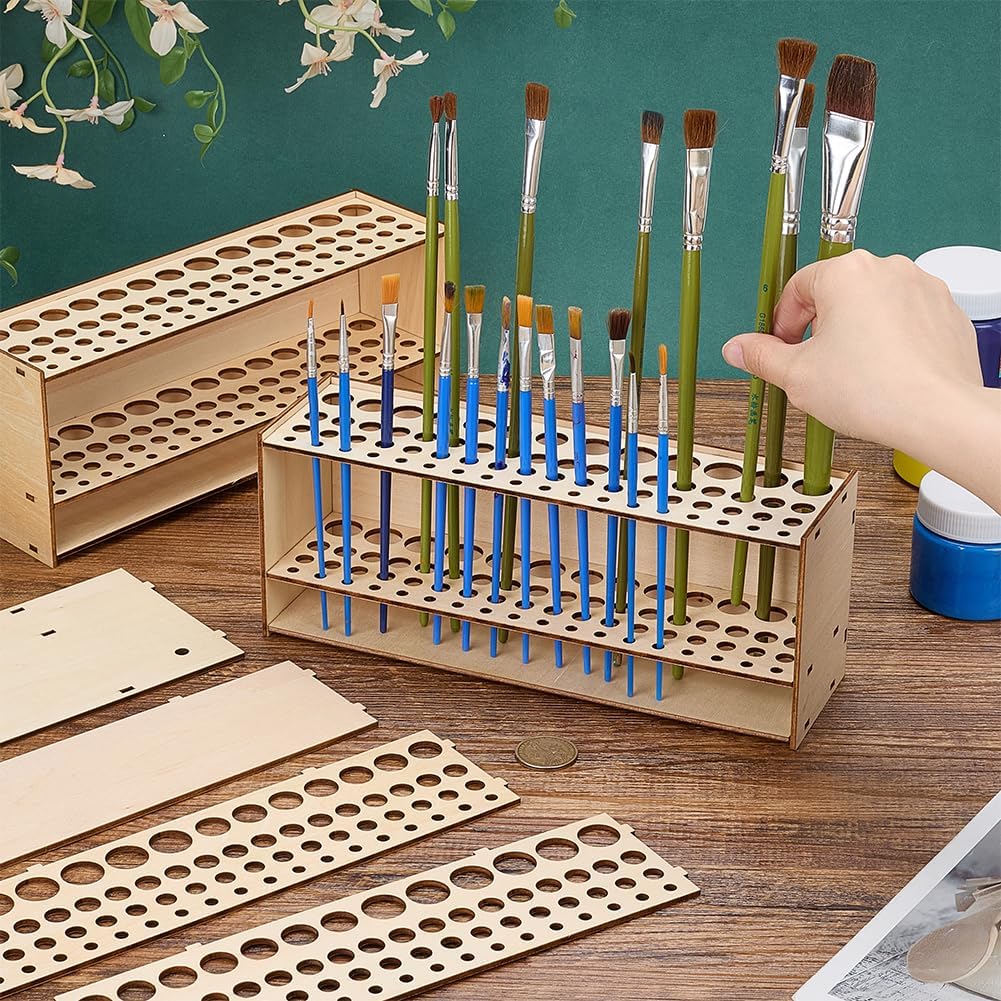 FREEBLOSS 3Pcs Wooden Paint Brush Holder 67 Holes Desk Stand Paintbrush Organizer Holding Rack for Pens Paint Brushes Colored Pencils Art Supply Organizer for Table