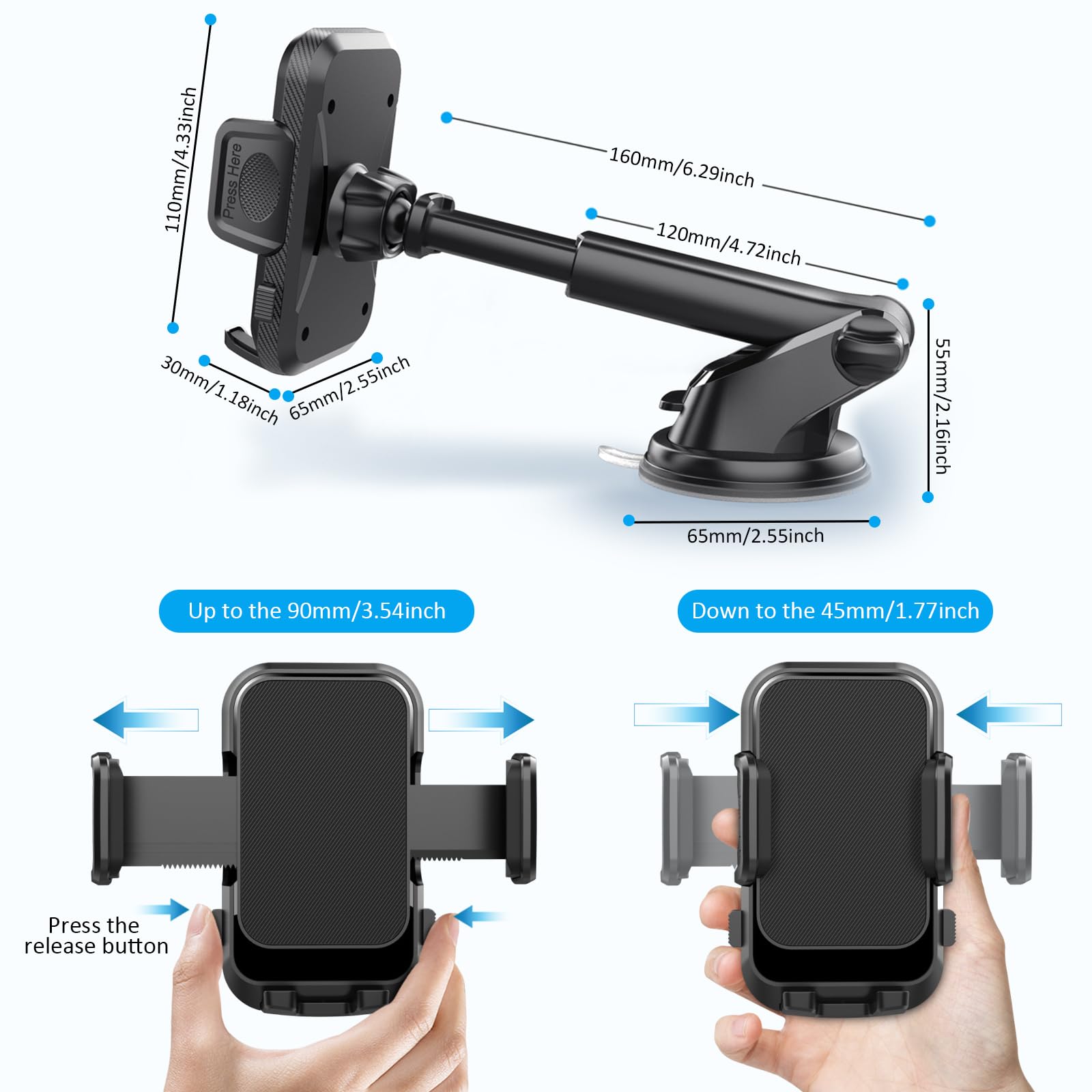 Reamal Porta Cellulare Auto Estensibile per Parabrezza e Cruscotto - Supporto Smartphone Universale con Rotazione 360°, Rilascio Rapido, Compatibile con Tutti i Cellulari