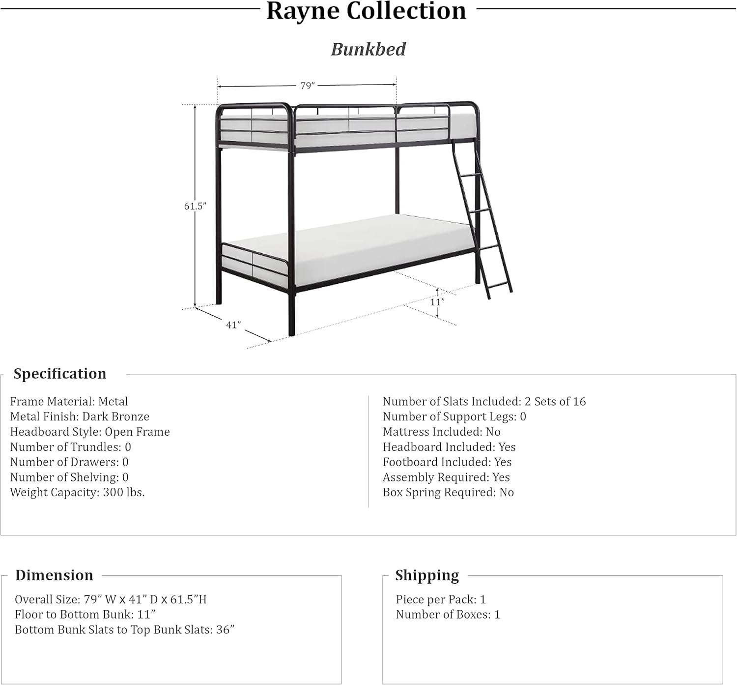 Lexicon Rayne Metal Bunk Bed, Twin/Twin, Dark Bronze