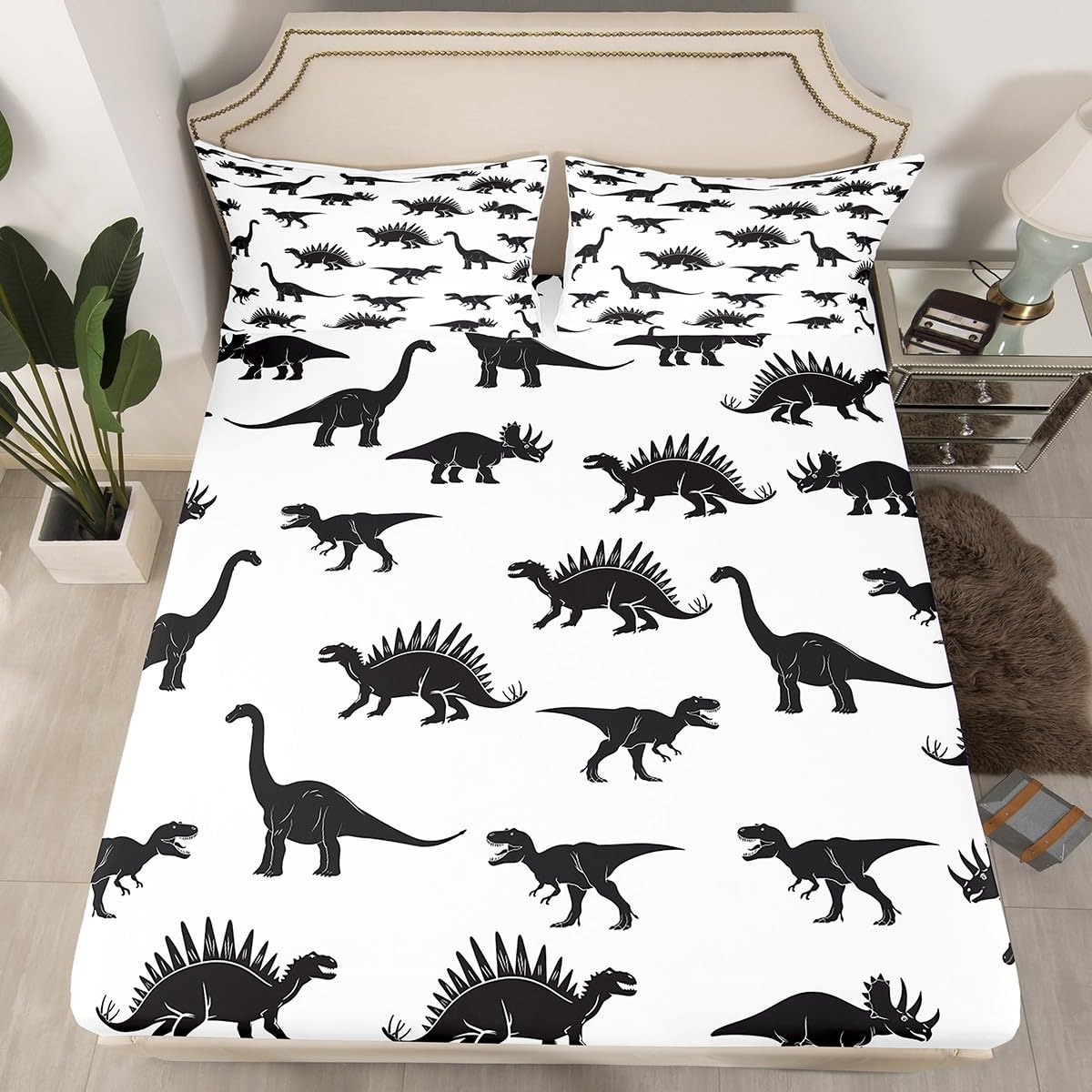 Dinosaur Fitted Sheet Deep Pocket Dino Silhouettes Evolution Bedding Set Wildlife Animals Black White Bed Sheet for Kids Teens Boys 1 Fitted Sheet