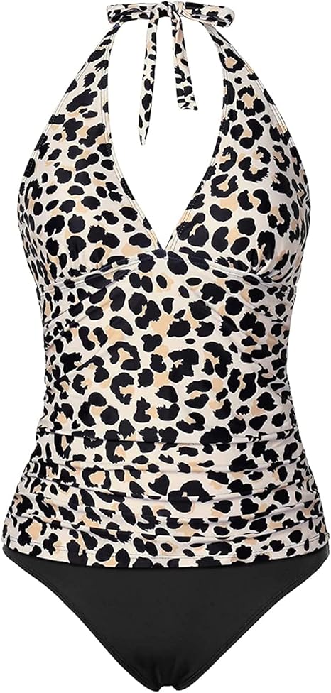 Holipick Two Piece Tankini Bathing Suits for Women Tummy Control Swimsuits Sexy V Neck Halter Tankini Top with Bikini Bottom