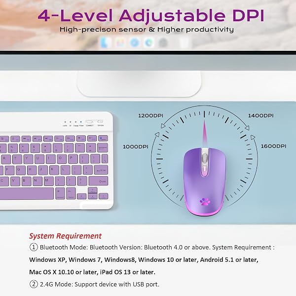 Wireless Mouse, 2.4G & Bluetooth Mouse for Laptop Slim Silent Mice with USB Receiver, 7 Color Backlit LED, 1000/1200/1400/1600 DPI Optical Computer Mice, Compatible with PC, Mac, Laptop, Purple - 3
