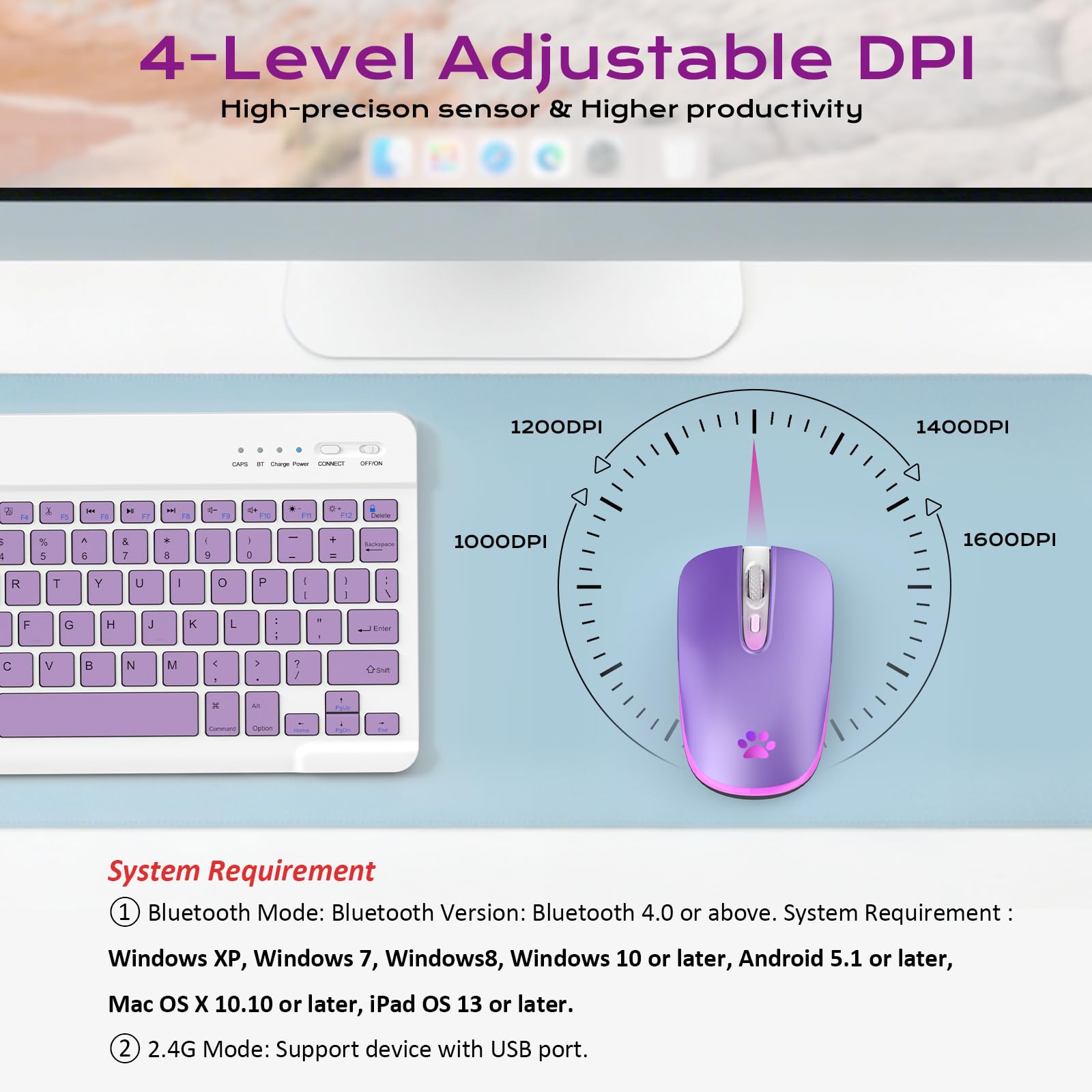 Wireless Mouse, 2.4G & Bluetooth Mouse for Laptop Slim Silent Mice with USB Receiver, 7 Color Backlit LED, 1000/1200/1400/1600 DPI Optical Computer Mice, Compatible with PC, Mac, Laptop, Purple - 3