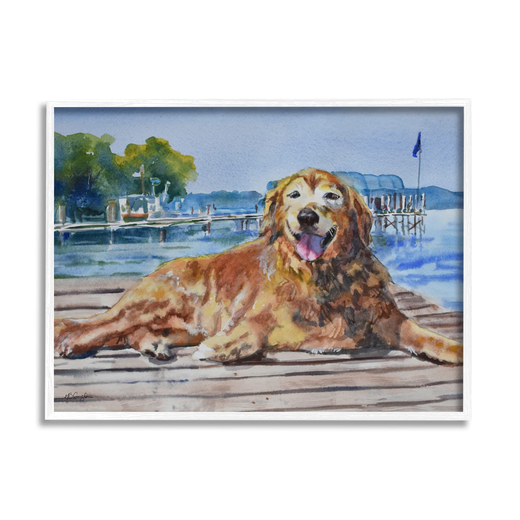 Stupell Industries Coastal Waterfront Scenery Golden Retriever Relaxing Dock, Design by MB Cunningham