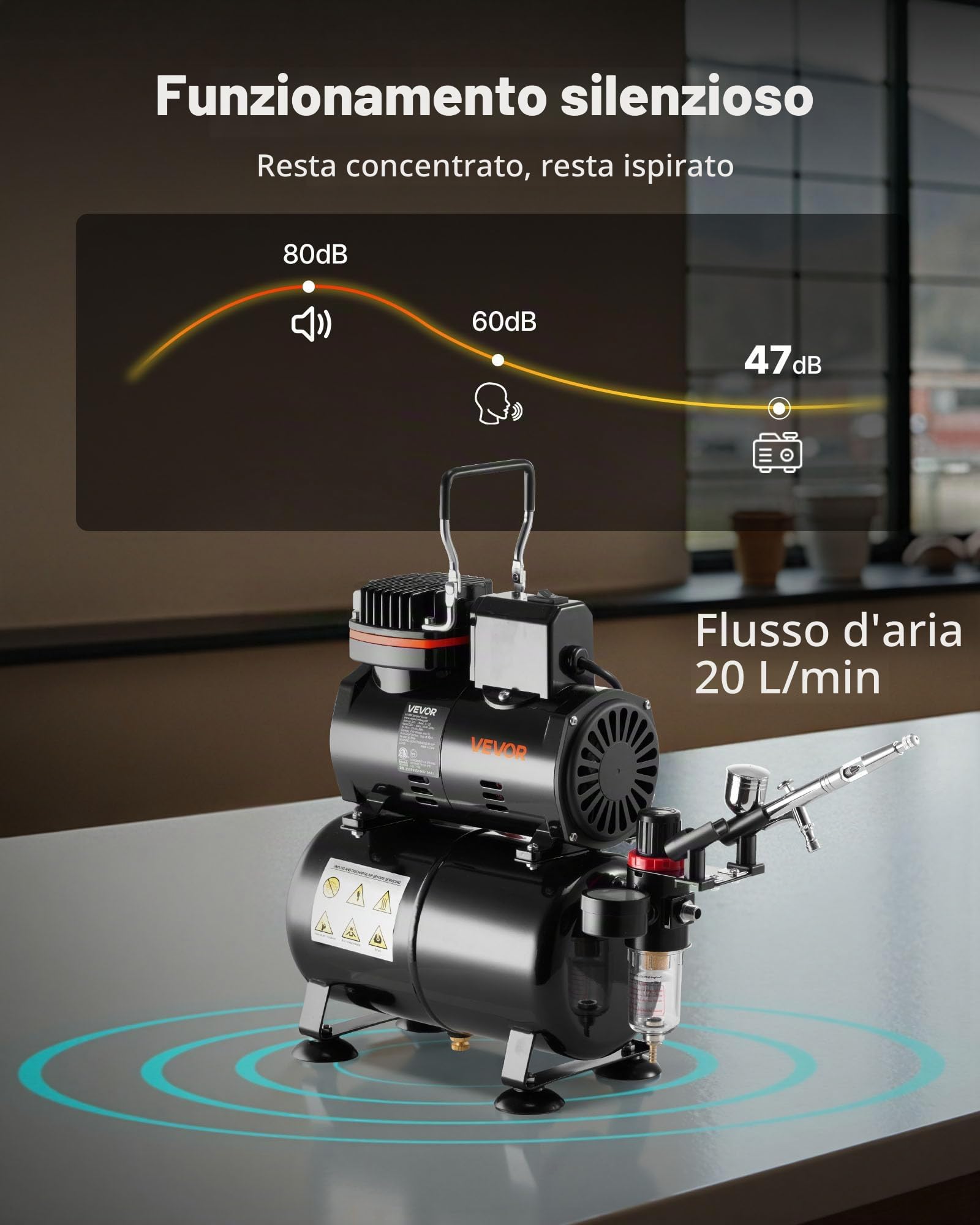 VEVOR Set Aerografo 1/6 HP Compressore d'Aria e Serbatoio, 1 Spruzzatore Aerografo Doppia Azione con 3 Ugelli (0,2/0,3/0,5 mm) Flusso d'Aria 23-25 L/min, Decorazione di Torte, Pittura di Modelli