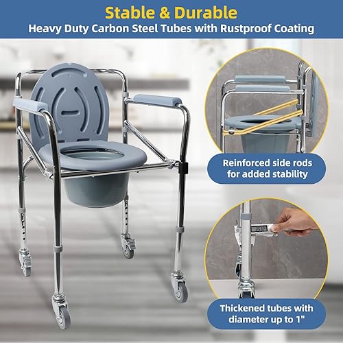 Miniatura 3 de Silla de mesita de noche con ruedas, marco de acero resistente, inodoros portátiles para ancianos con altura ajustable, cómodos de noche para