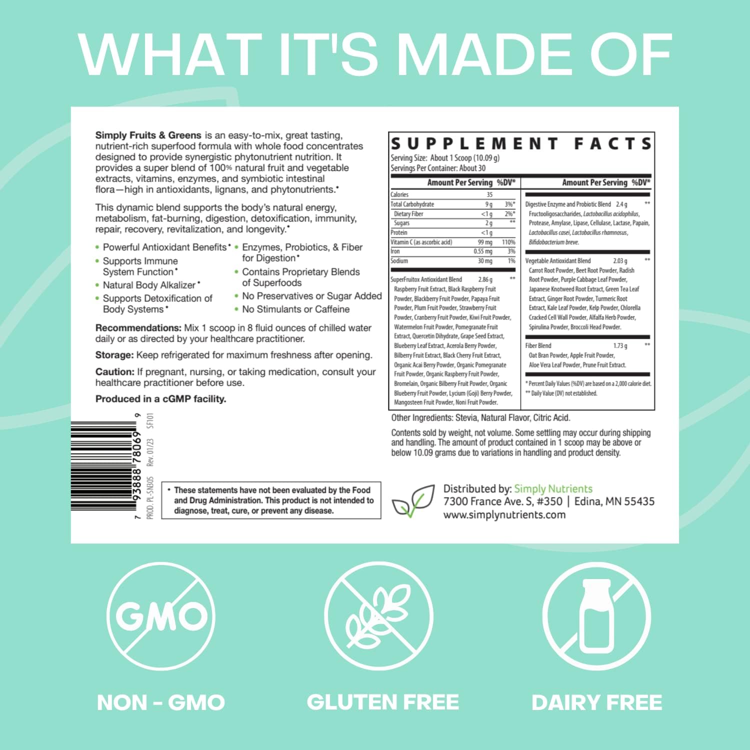 Simply Nutrients Polvo de frutas y verduras Increíble polvo Super