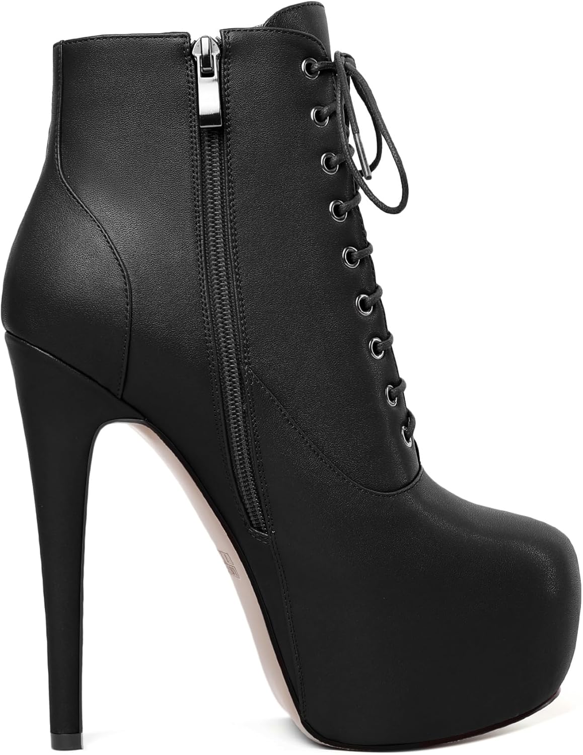 AUMOTED Women's Stripper Patform Heels Round Toe Combat Boots Stiletto High Heel Booties Sexy Fashion 6.3" Lace Up Zipper Short Boots - Image 5