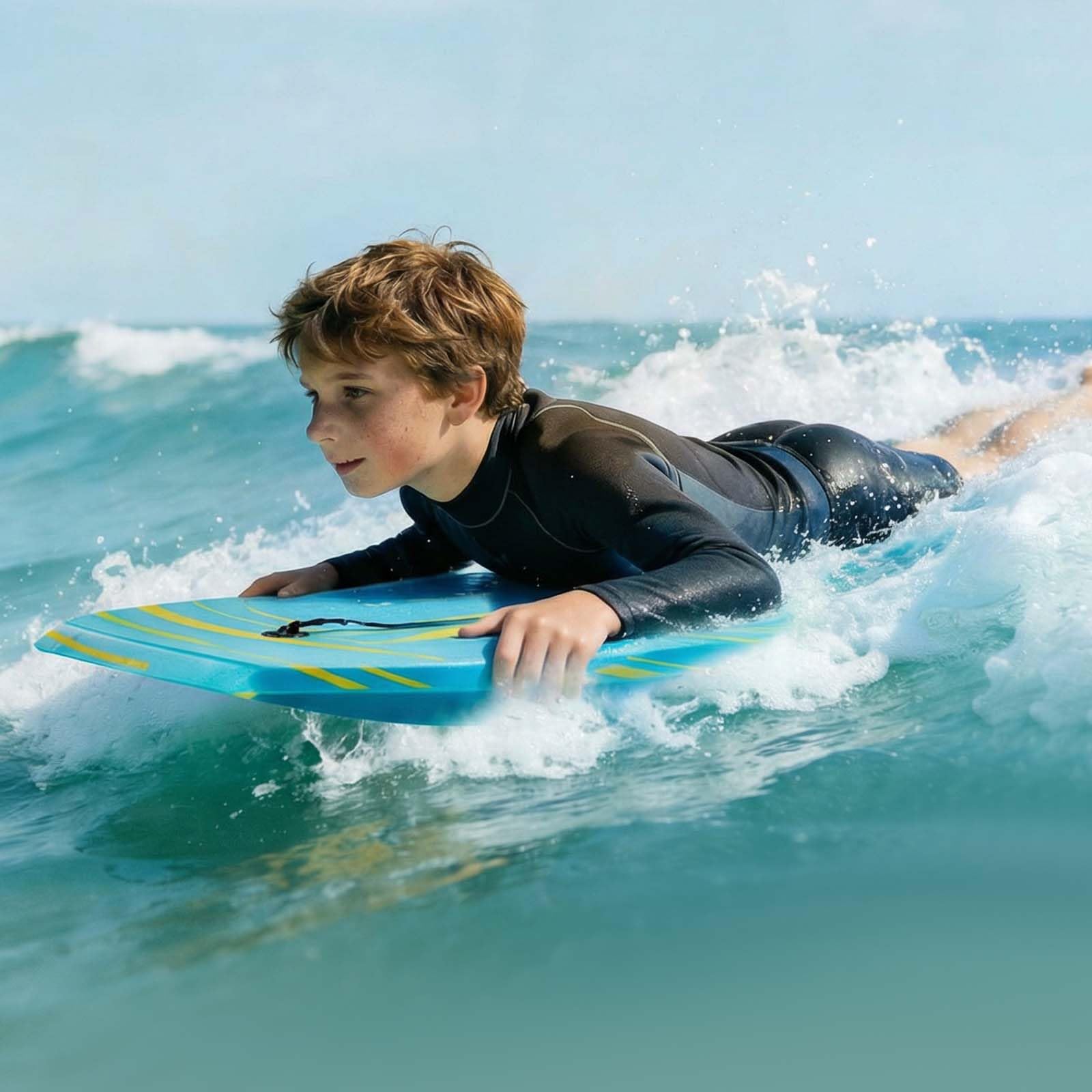 VEVOR Planche de Bodyboard 105,5 cm, Bodyboard de Plage avec Noyau en Mousse EPS et Leash de Poignet, Matériel de Surf Sport Nautique pour Débutants et Jeunes jusqu'à 81,7 kg, Planche de Boogie Bleue
