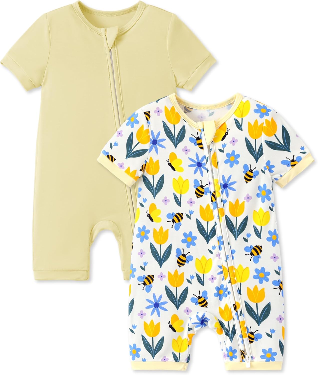 PATPAT Baby Romper 2-Pack with Bamboo Viscose, Infant Snug fit Pajama Jumpsuits with 2-Way Zipper for Newborn Boy Girl