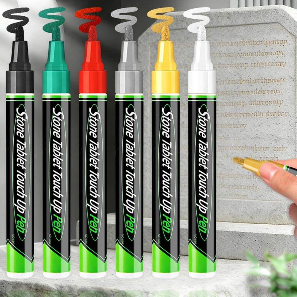 Golden Tombstone Marker Pen, for Restoring Faded Grave Inscriptions, 2026 Upgrade Waterproof Stone Touch-up Pen, Strong Coverage, Ideal for Gravestone Lettering and Memorial (6 Color)