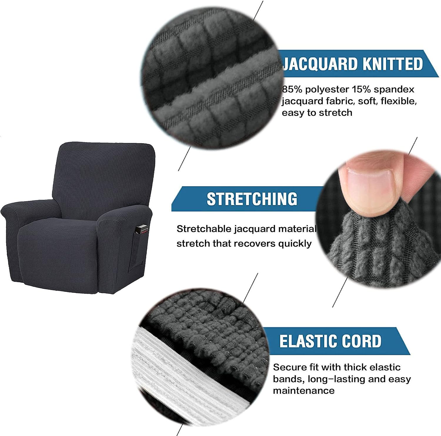 Stretch Recliner Cover, 4-Piece Recliner Chair Cover with Side Pocket Recliner SlipCovers Spandex Jacquard with Elastic Bottom Furniture Cover for Living Room Pet-Creamy-White-1 Seater