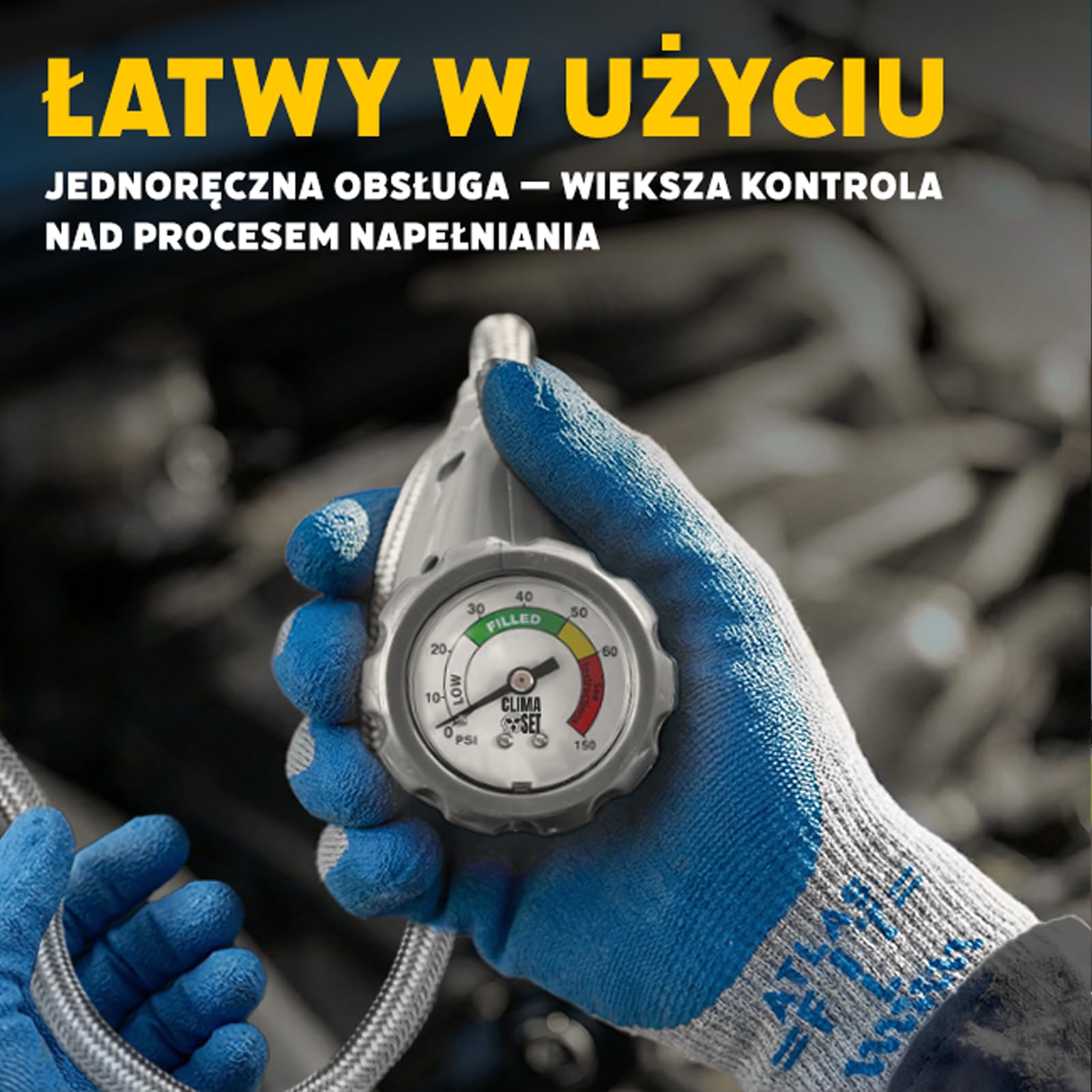 CLIMASET - Zestaw do Napełniania Klimatyzacji Samochodowej - Gaz&Olej R134a + Przewód spustowy - dla Aut 1994–2016, z Wygodnym Nowoczesnym Przewodem z Manometrem