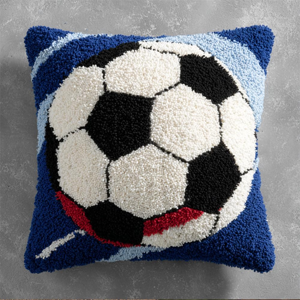 Rqwybcaxn Latch Hook Kit,Football Soccer Latch Hook Kits for Adults DIY Decorative Pillowcase Embroidery Cross Stitch Arts Craft for Home Sofa Furniture 17X17Inch