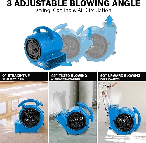 Miniatura 4 de MOUNTO Ventilador Air Mover de 1/5 hp de 800 cfm, ventilador de secado de pisos, motor de aire compacto de 3 velocidades con doble salida, cable de